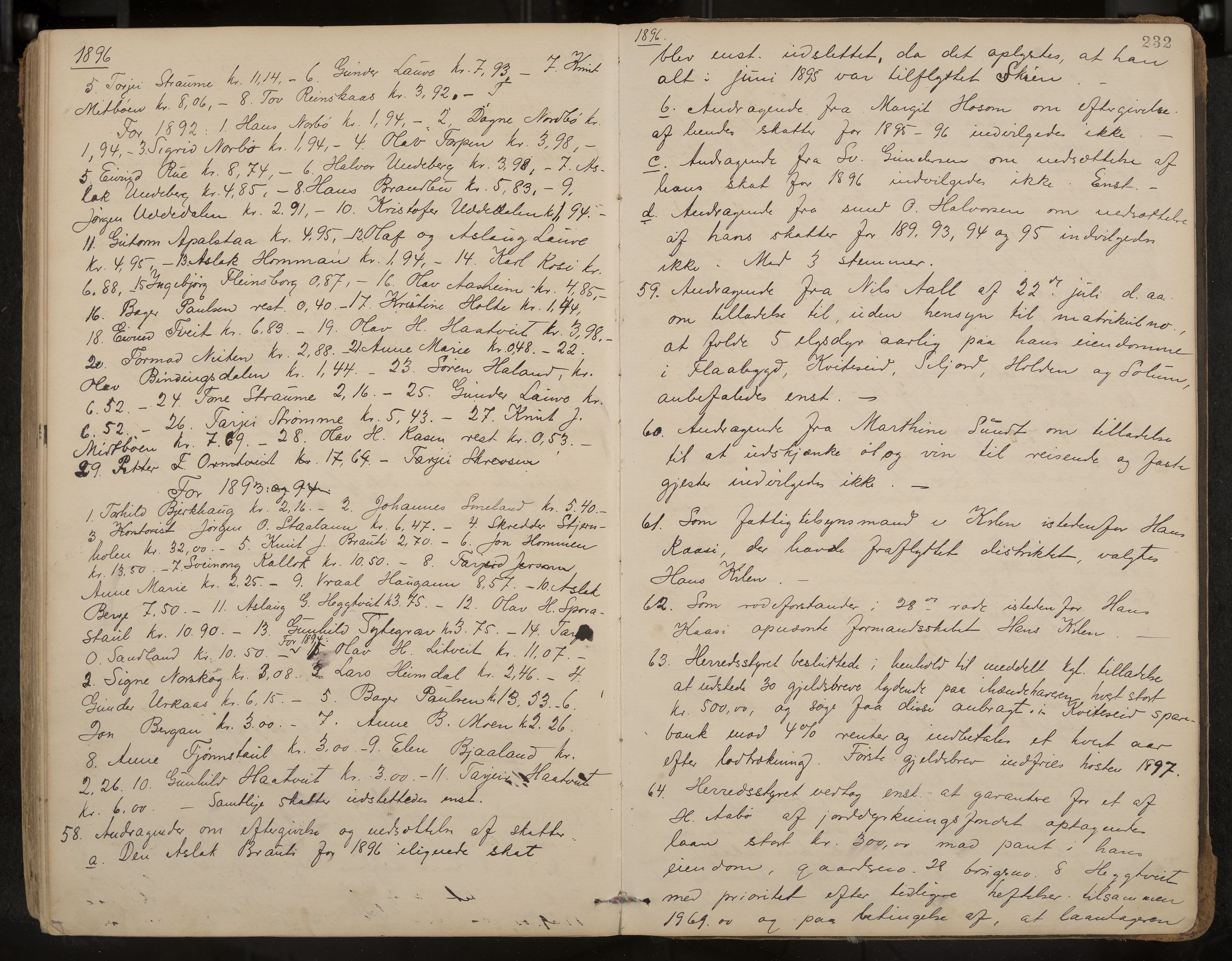 Kviteseid formannskap og sentraladministrasjon, IKAK/0829021/A/Aa/L0003: Møtebok, 1885-1896, p. 232