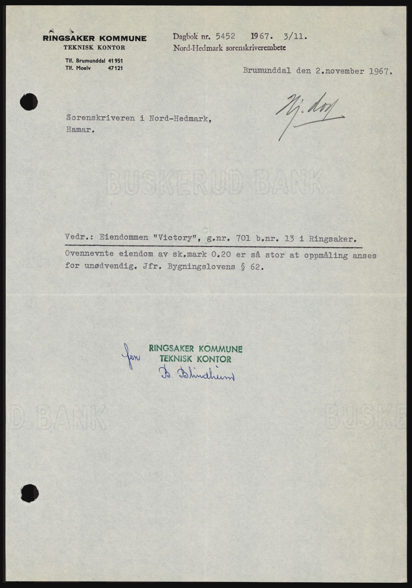 Nord-Hedmark sorenskriveri, SAH/TING-012/H/Hc/L0027: Mortgage book no. 27, 1967-1968, Diary no: : 5452/1967