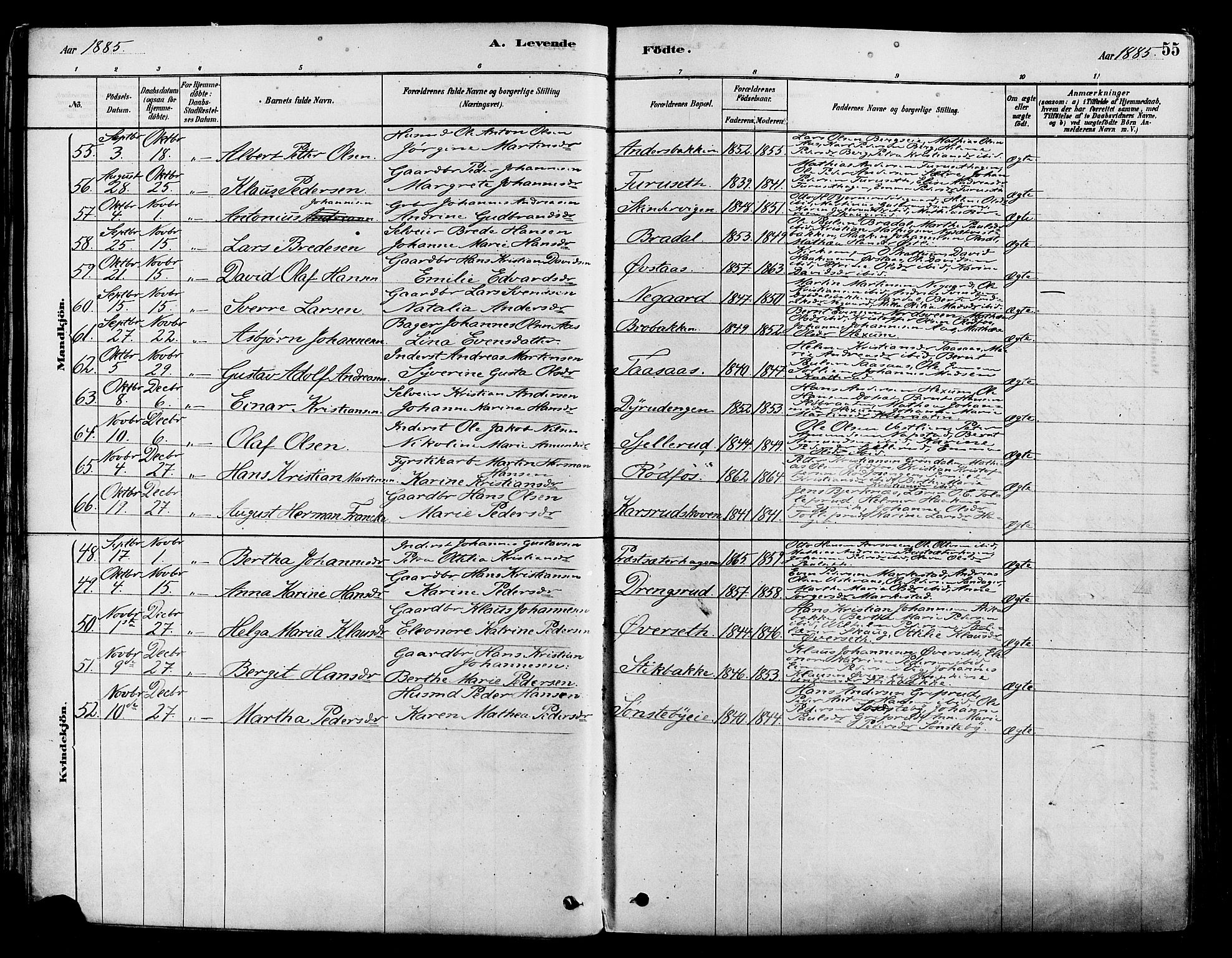 Vestre Toten prestekontor, SAH/PREST-108/H/Ha/Haa/L0009: Parish register (official) no. 9, 1878-1894, p. 55