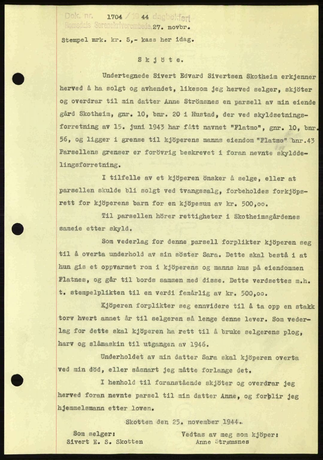 Romsdal sorenskriveri, AV/SAT-A-4149/1/2/2C: Mortgage book no. A17, 1944-1945, Diary no: : 1704/1944