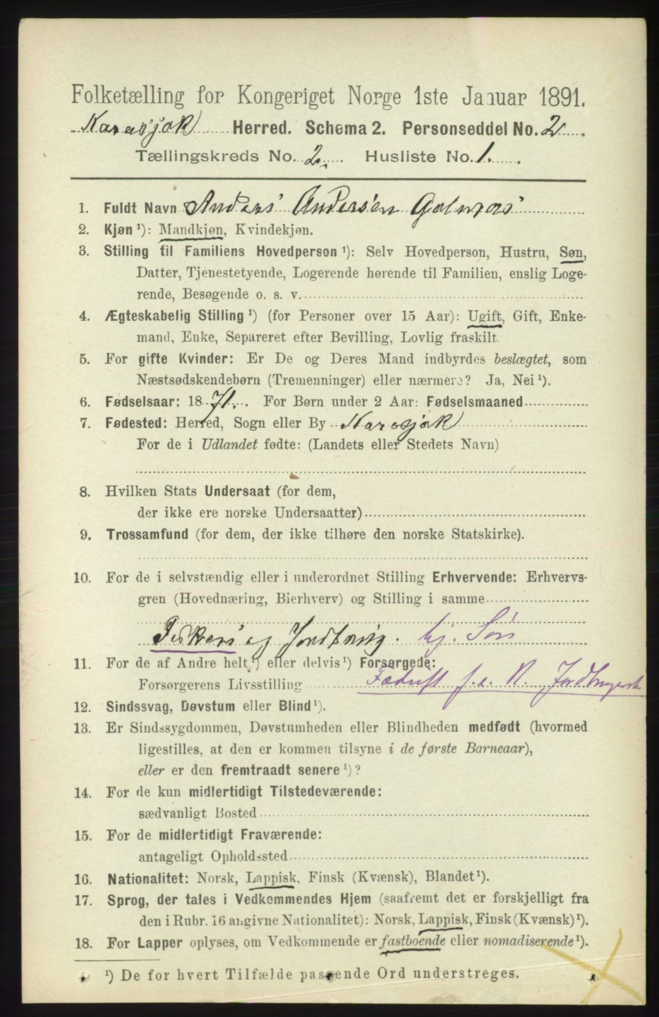 RA, 1891 census for 2021 Karasjok, 1891, p. 436