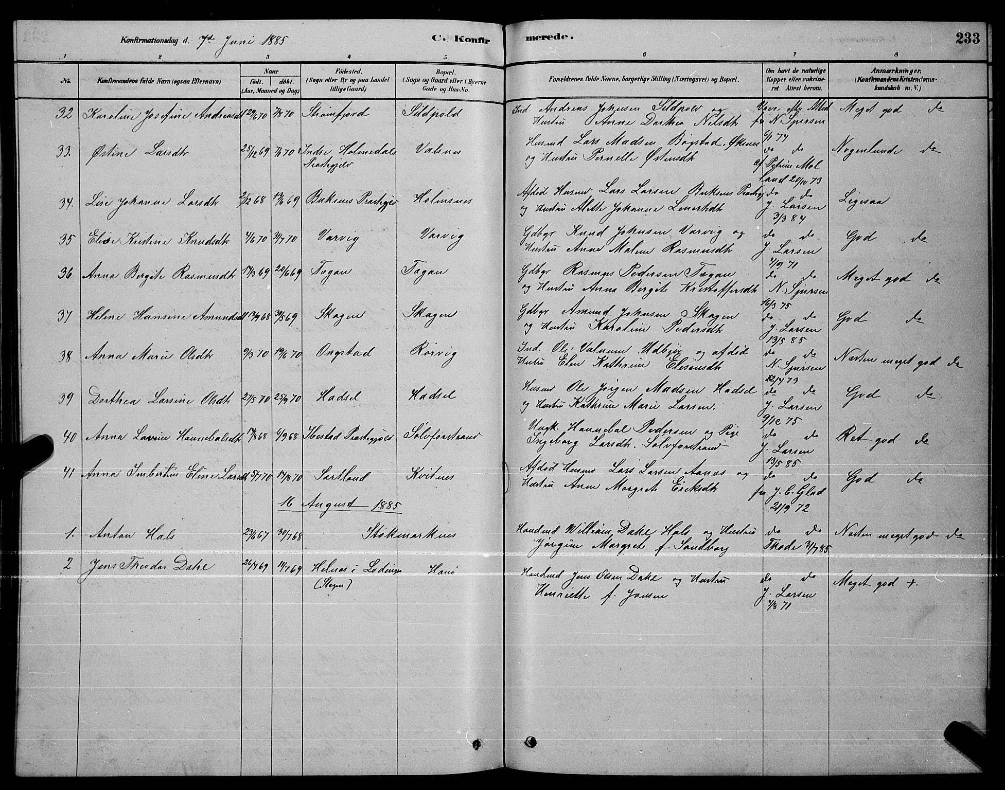 Ministerialprotokoller, klokkerbøker og fødselsregistre - Nordland, AV/SAT-A-1459/888/L1267: Parish register (copy) no. 888C05, 1878-1890, p. 233