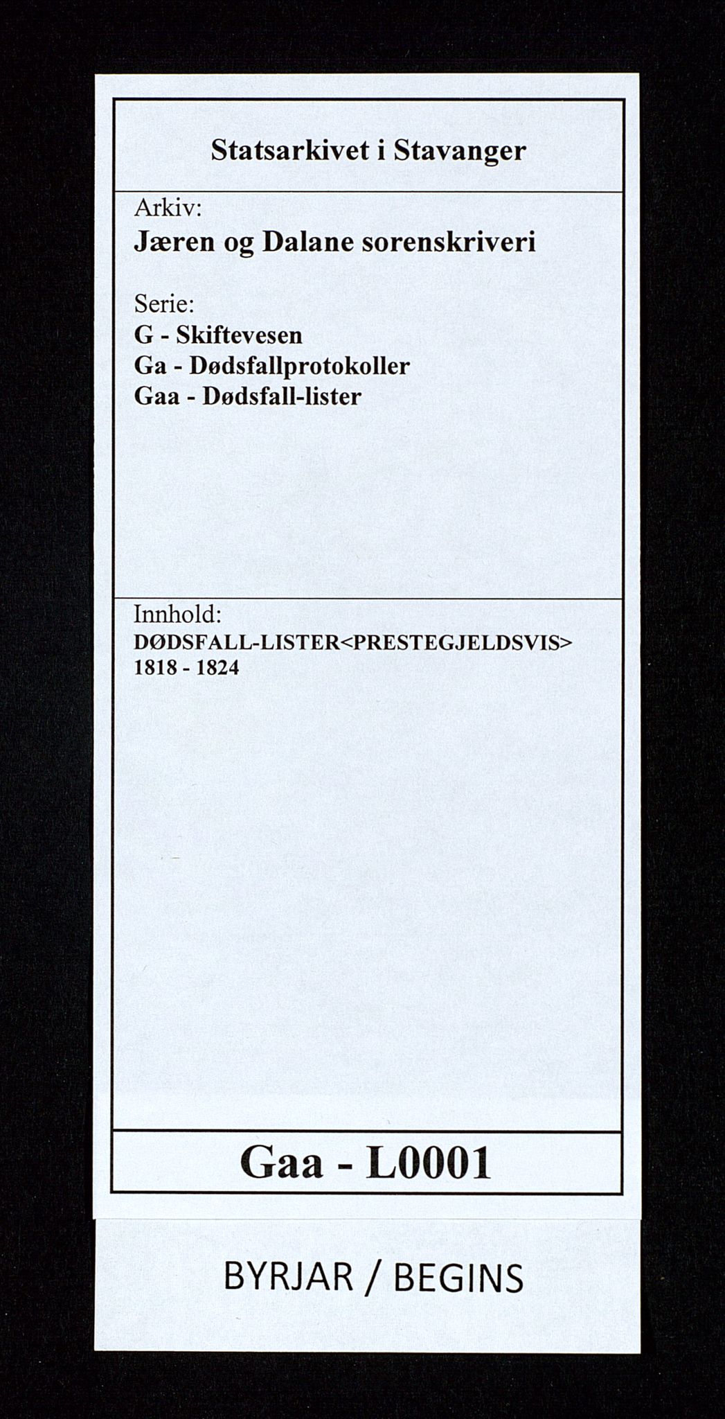 Jæren og Dalane sorenskriveri, AV/SAST-A-100306/5/52AA/L0001: DØDSFALL-LISTER<PRESTEGJELDSVIS>, 1818-1824, p. 1