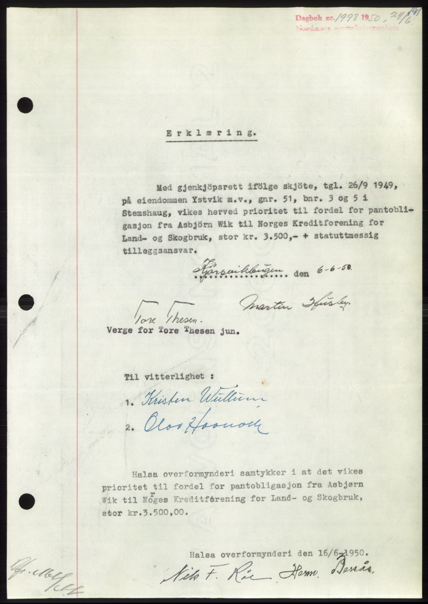 Nordmøre sorenskriveri, AV/SAT-A-4132/1/2/2Ca: Mortgage book no. B105, 1950-1950, Diary no: : 1998/1950