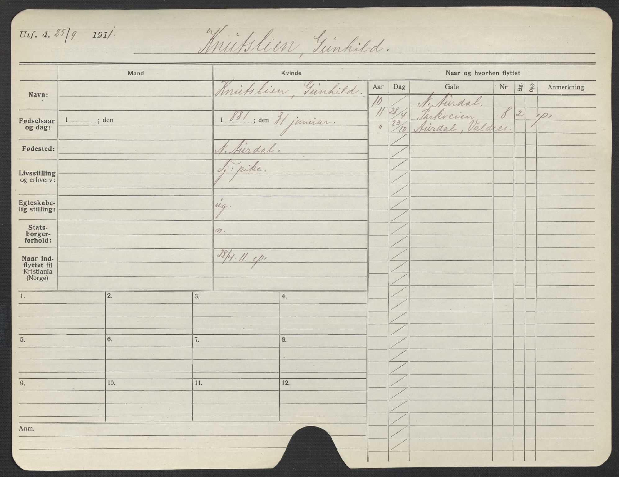 Oslo folkeregister, Registerkort, AV/SAO-A-11715/F/Fa/Fac/L0018: Kvinner, 1906-1914, p. 1301a