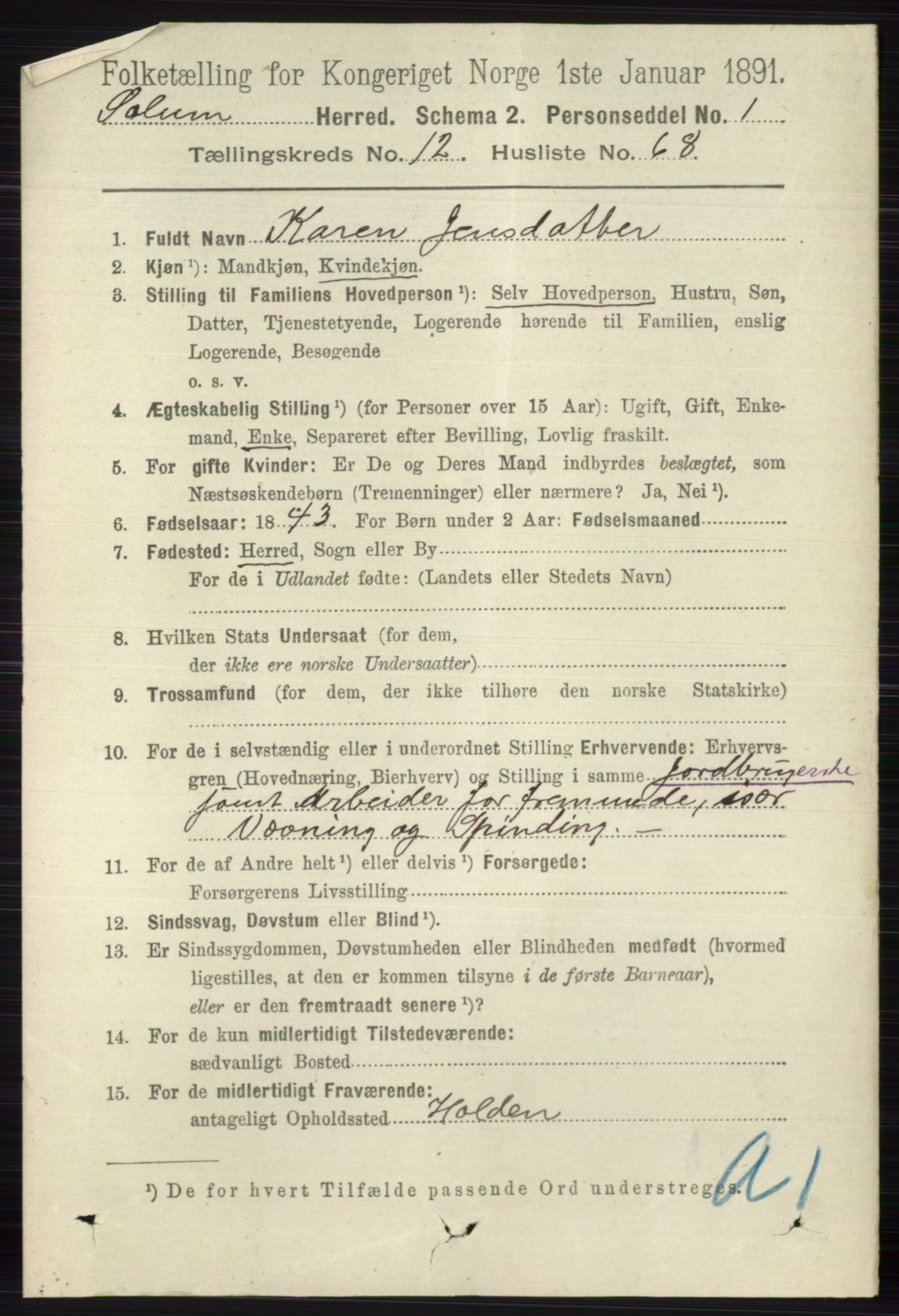 RA, 1891 census for 0818 Solum, 1891, p. 5998