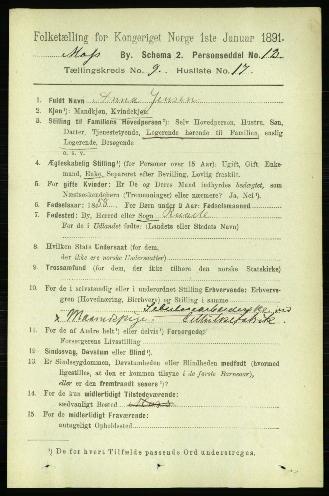 RA, 1891 census for 0104 Moss, 1891, p. 5374