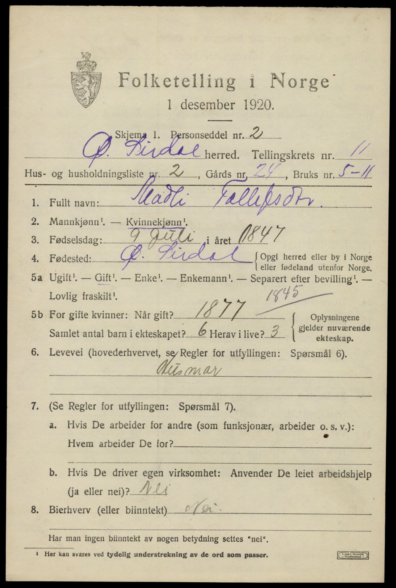 SAK, 1920 census for Øvre Sirdal, 1920, p. 1825