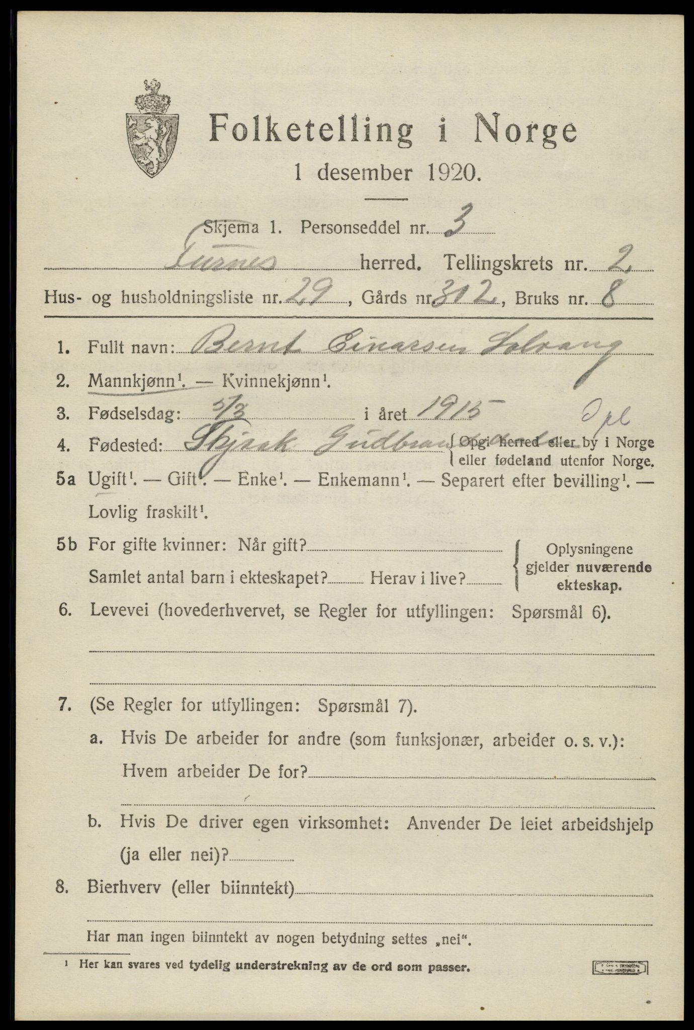 SAH, 1920 census for Furnes, 1920, p. 3395