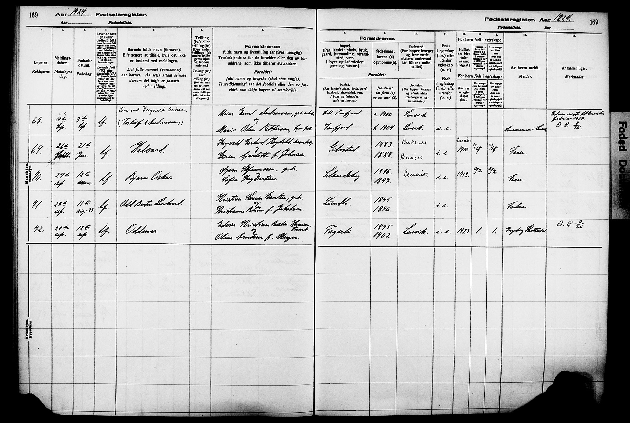 Lenvik sokneprestembete, SATØ/S-1310/I/Ic/L0089: Birth register no. 89, 1916-1926, p. 169