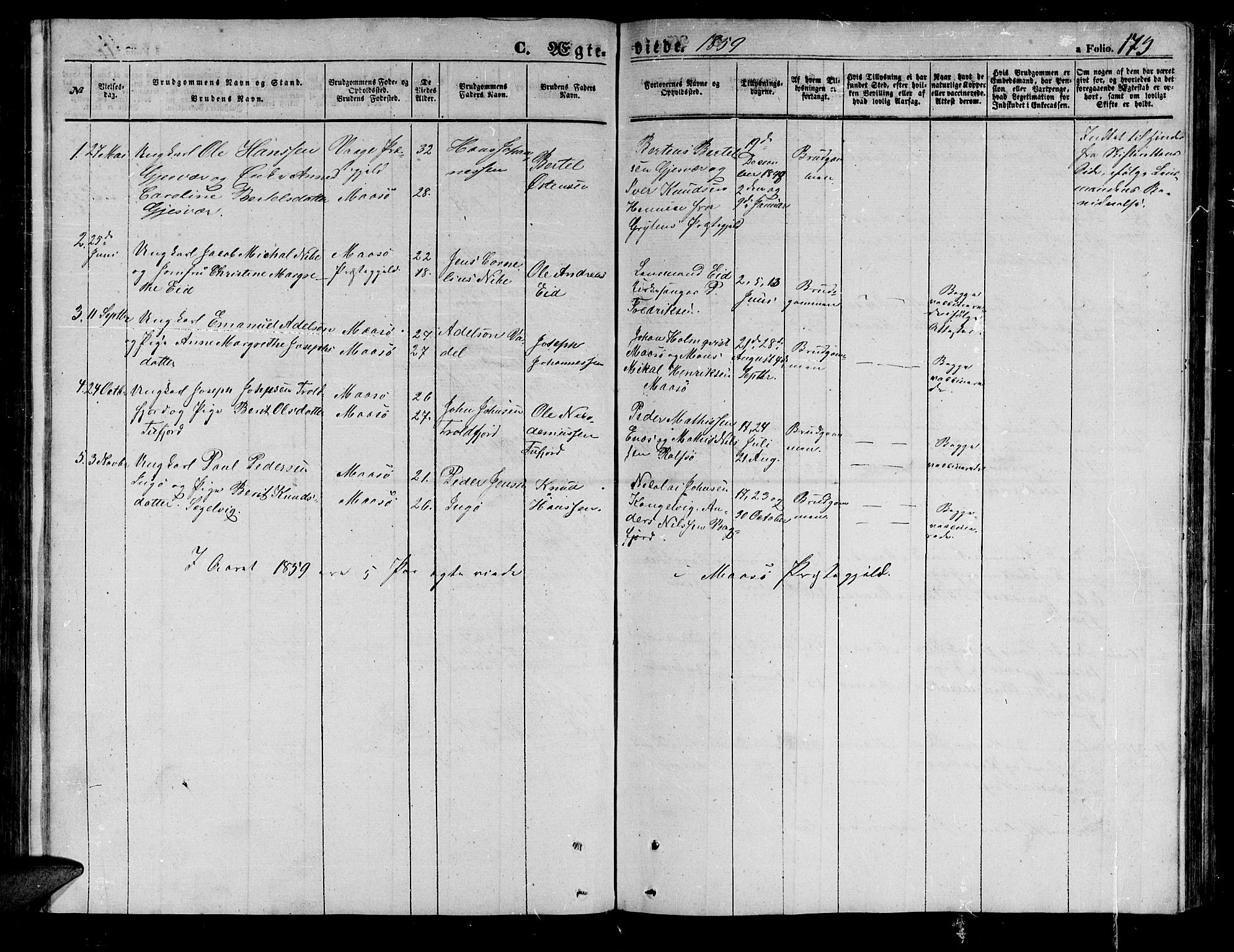 Måsøy sokneprestkontor, SATØ/S-1348/H/Hb/L0001klokker: Parish register (copy) no. 1, 1852-1877, p. 173