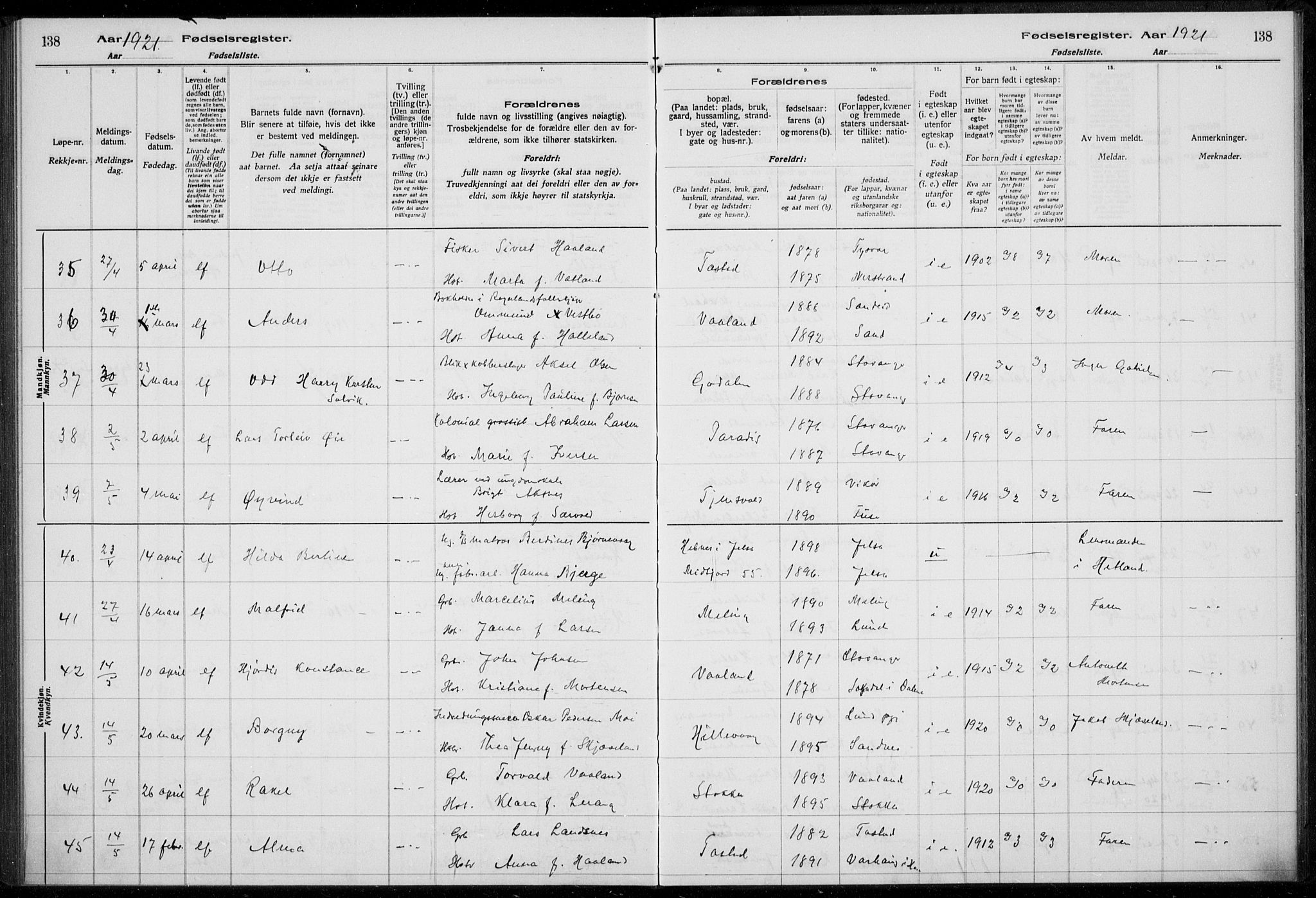 Hetland sokneprestkontor, AV/SAST-A-101826/70/704BA/L0003: Birth register no. 1, 1916-1923, p. 138