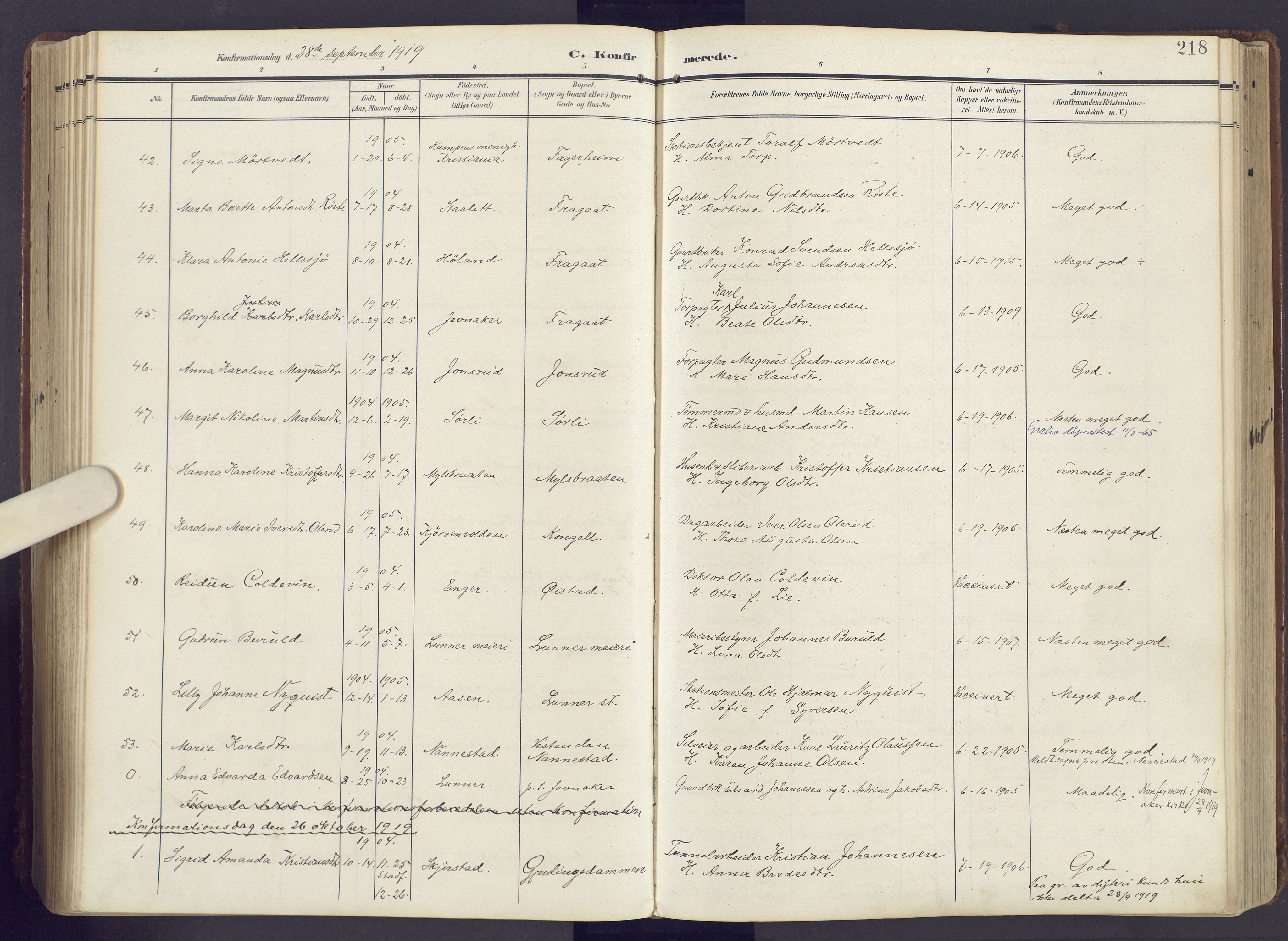 Lunner prestekontor, SAH/PREST-118/H/Ha/Haa/L0001: Parish register (official) no. 1, 1907-1922, p. 218