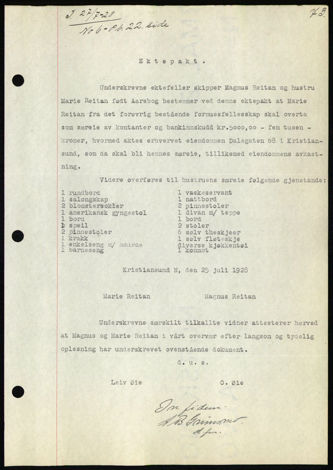 Kristiansund byfogd, AV/SAT-A-4587/A/27: Mortgage book no. 22, 1928-1929, Deed date: 27.07.1928