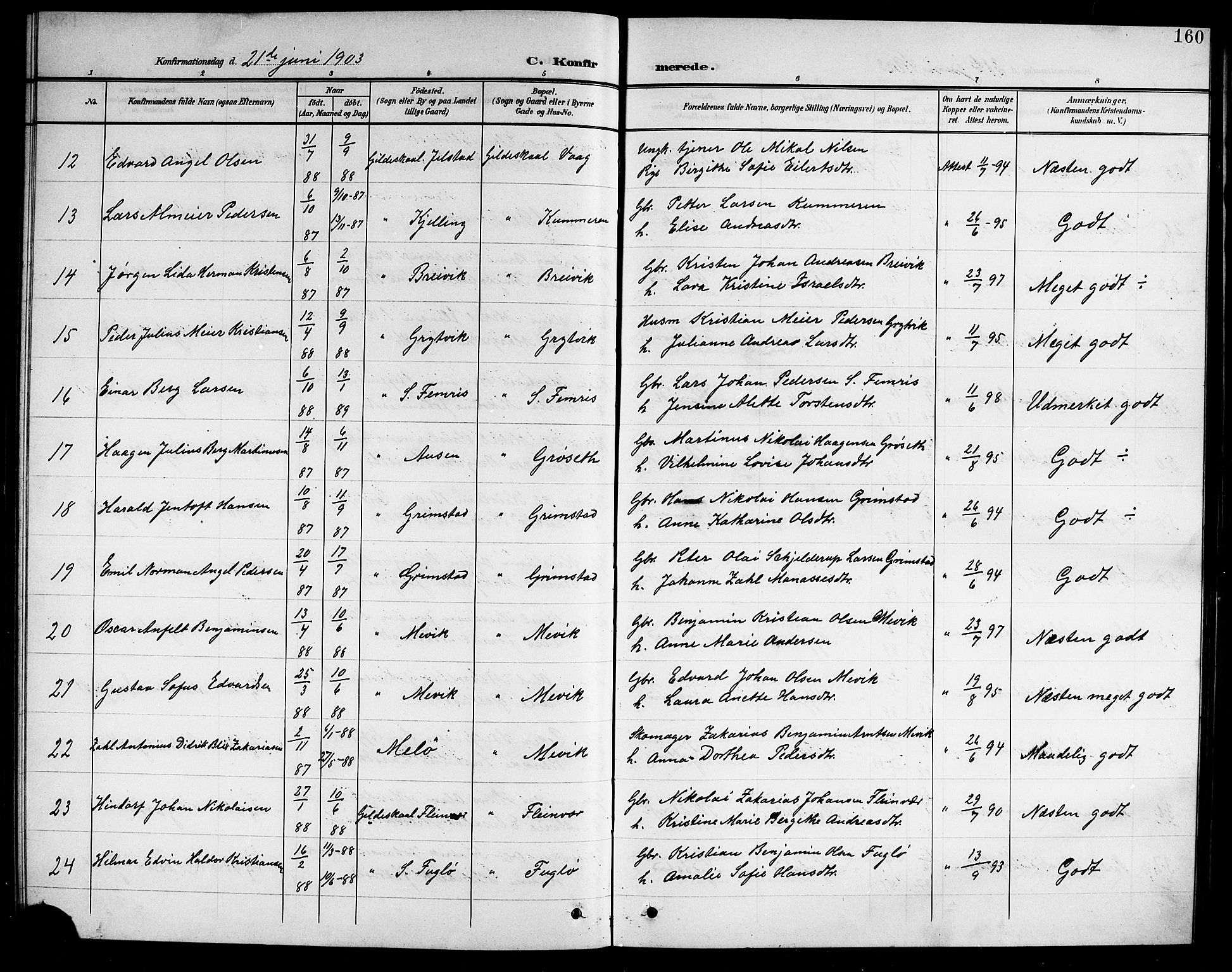 Ministerialprotokoller, klokkerbøker og fødselsregistre - Nordland, AV/SAT-A-1459/805/L0109: Parish register (copy) no. 805C05, 1900-1911, p. 160