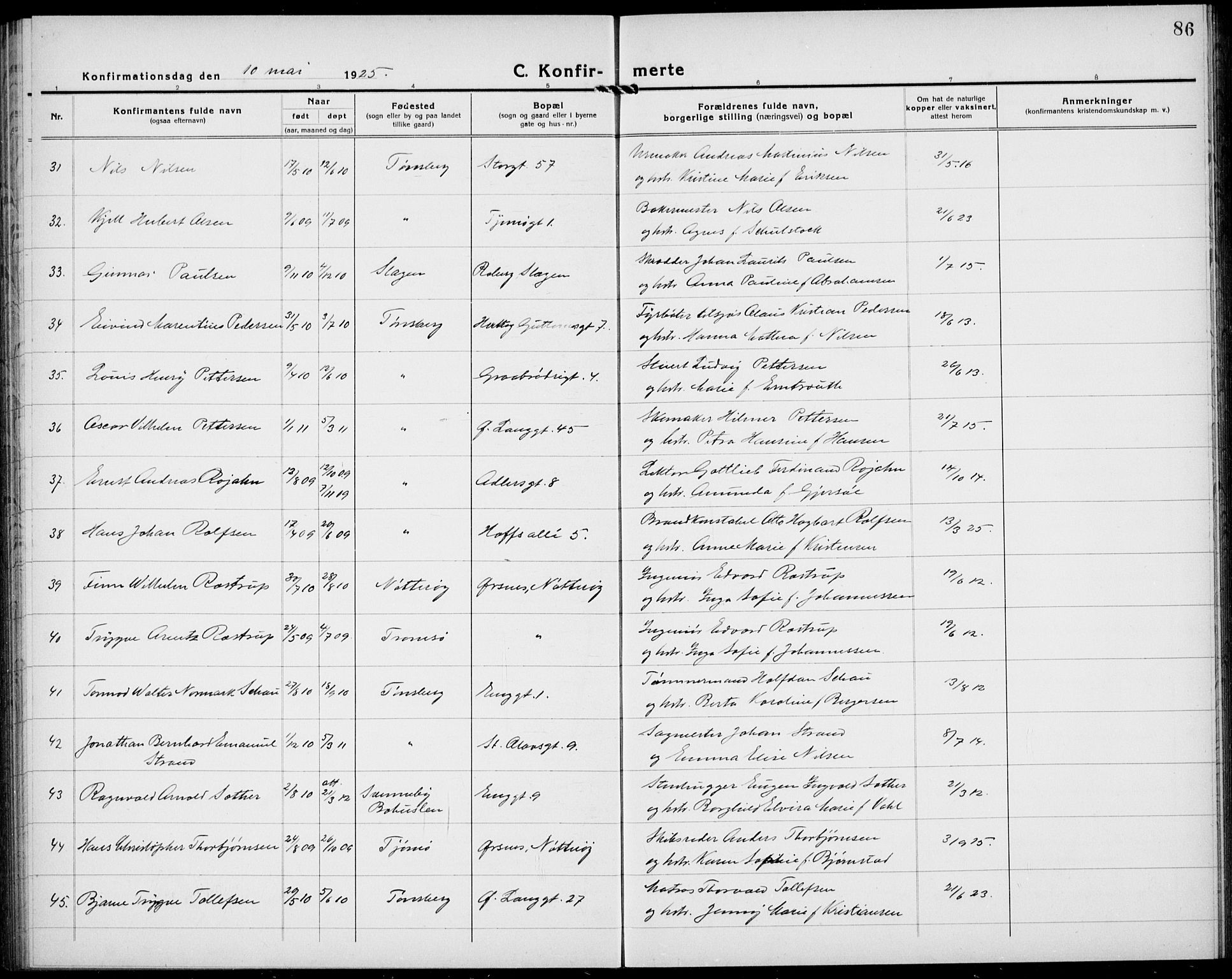 Tønsberg kirkebøker, AV/SAKO-A-330/G/Ga/L0013: Parish register (copy) no. 13, 1920-1929, p. 86