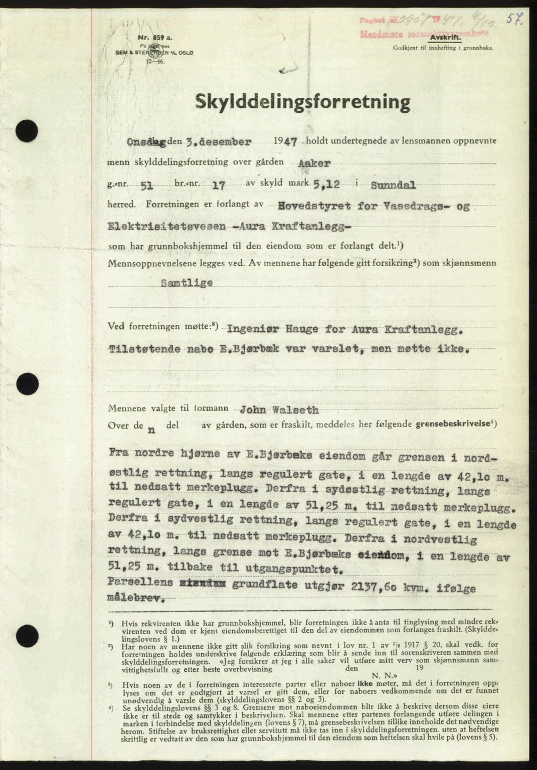 Nordmøre sorenskriveri, AV/SAT-A-4132/1/2/2Ca: Mortgage book no. A107, 1947-1948, Diary no: : 2907/1947