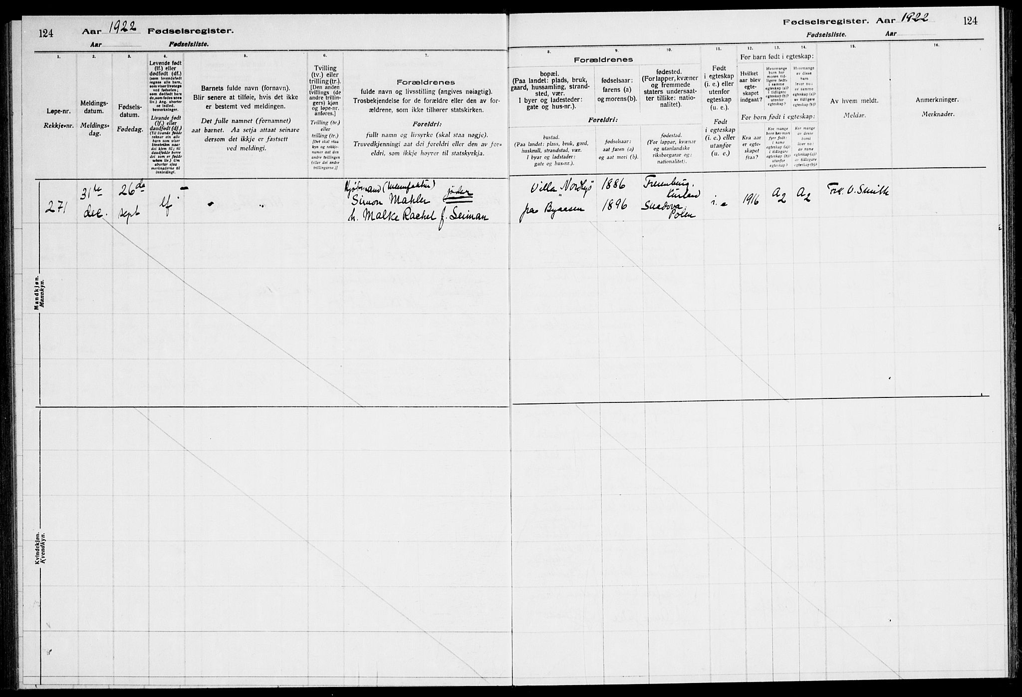 Ministerialprotokoller, klokkerbøker og fødselsregistre - Sør-Trøndelag, SAT/A-1456/600/L0003: Birth register no. 600.II.4.2, 1920-1924, p. 124
