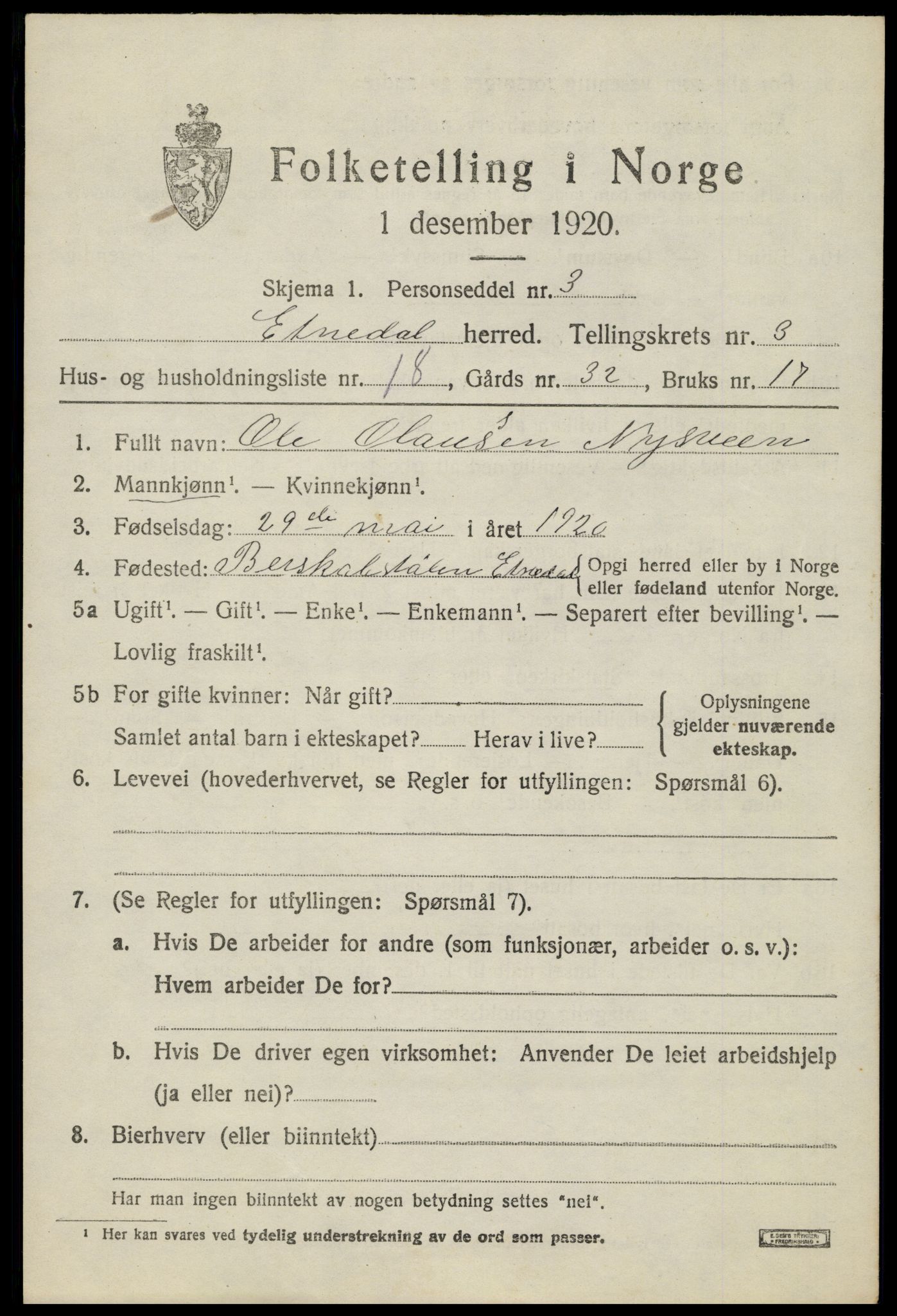 SAH, 1920 census for Etnedal, 1920, p. 1480