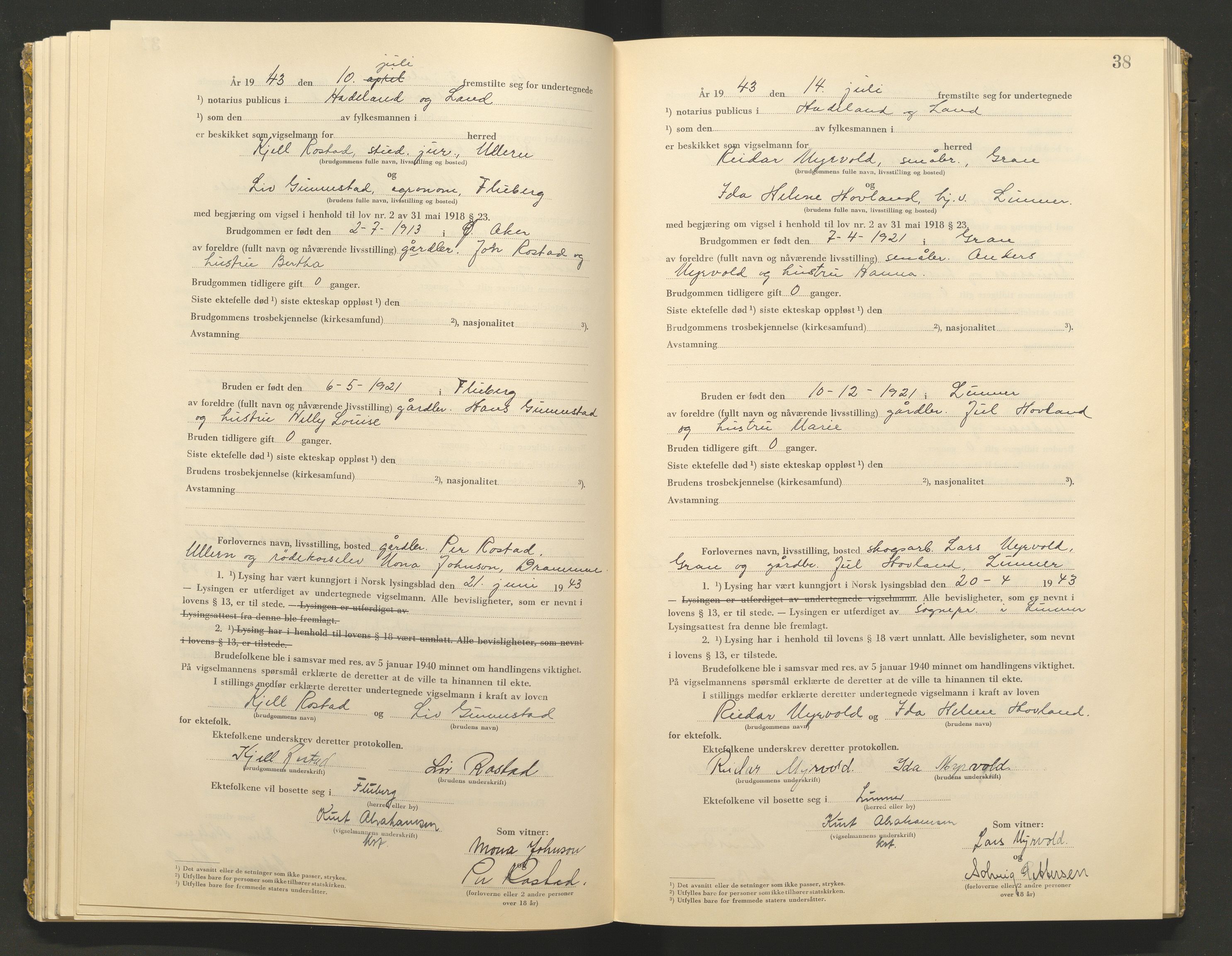 Hadeland og Land tingrett, AV/SAH-TING-010/L/Lb/L0002: Vigselbok, 1943-1944, p. 38