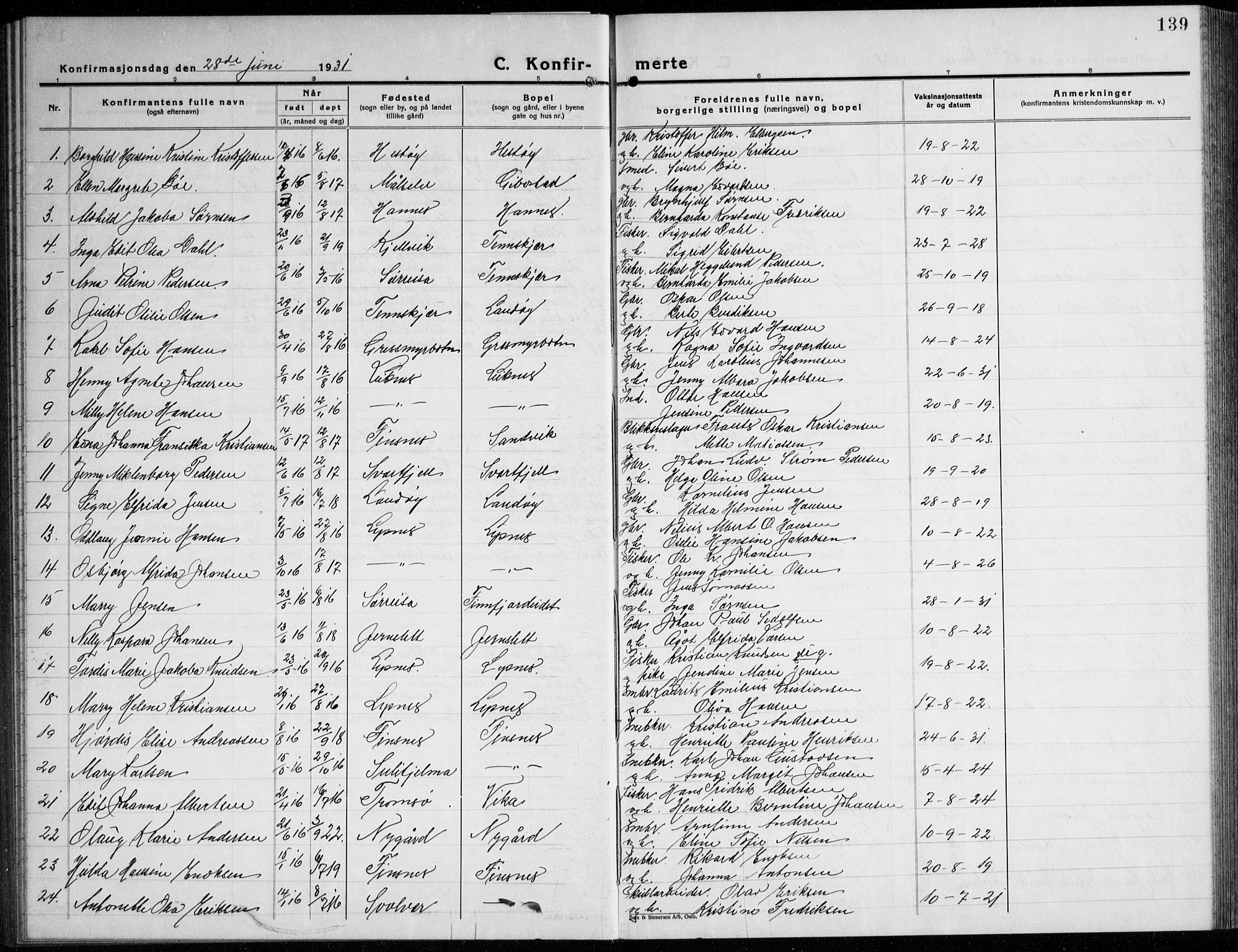 Lenvik sokneprestembete, SATØ/S-1310/H/Ha/Hab/L0010klokker: Parish register (copy) no. 10, 1927-1945, p. 139