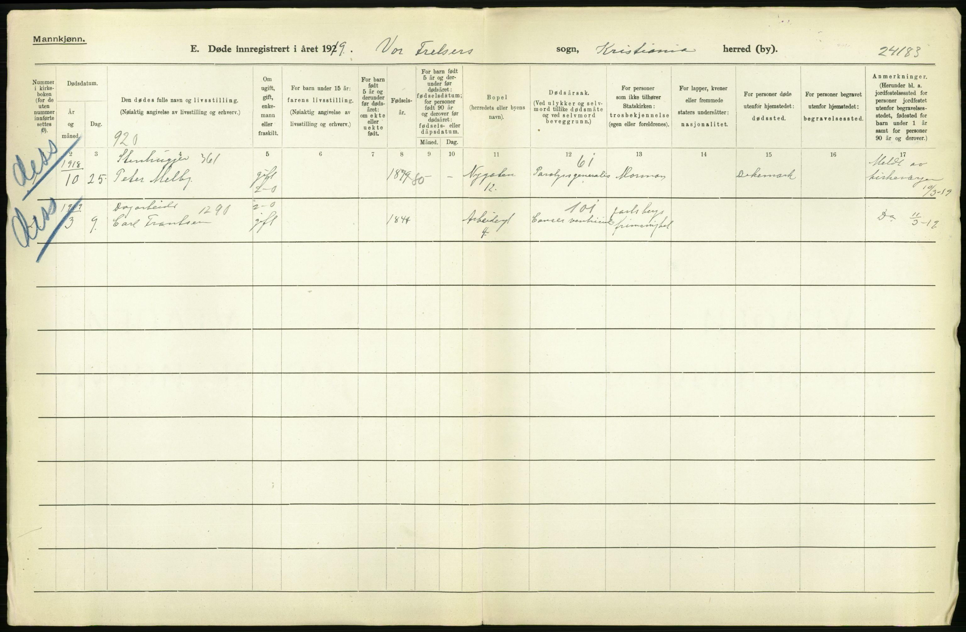 Statistisk sentralbyrå, Sosiodemografiske emner, Befolkning, AV/RA-S-2228/D/Df/Dfb/Dfbi/L0011: Kristiania: Døde, dødfødte, 1919