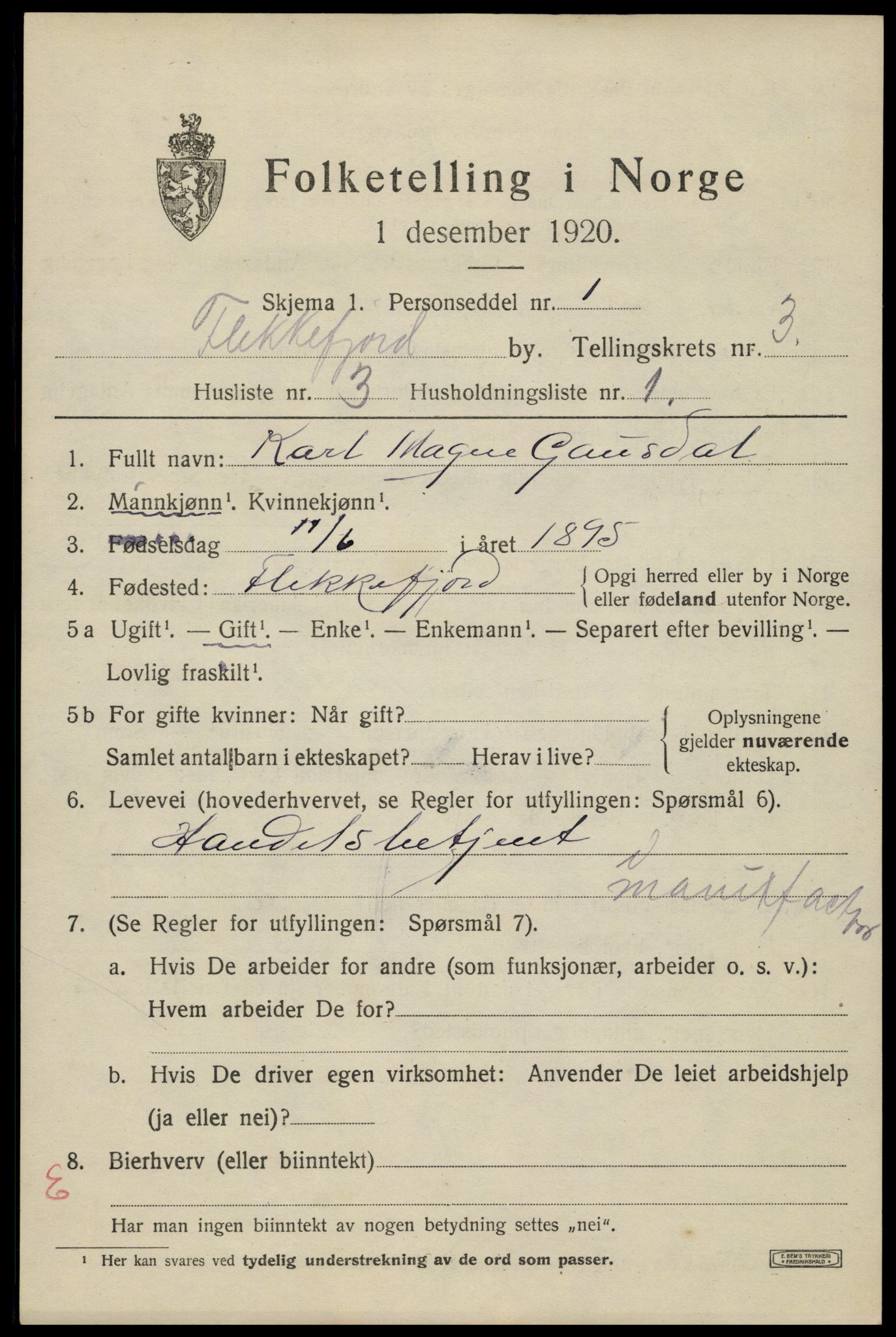 SAK, 1920 census for Flekkefjord, 1920, p. 3432
