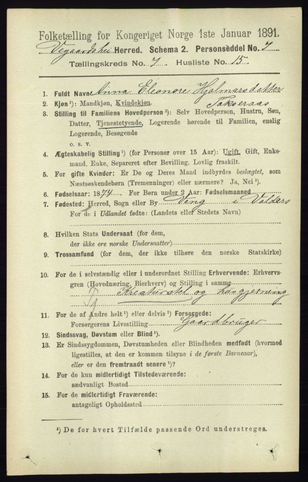 RA, 1891 census for 0912 Vegårshei, 1891, p. 1439