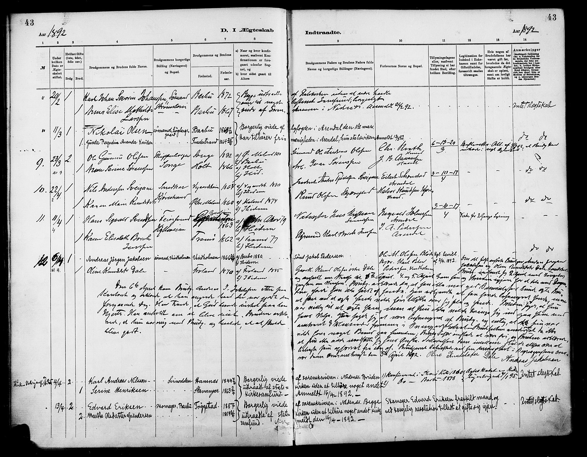 Barbu sokneprestkontor, AV/SAK-1111-0003/F/Fa/L0003: Parish register (official) no. A 3, 1883-1898, p. 43