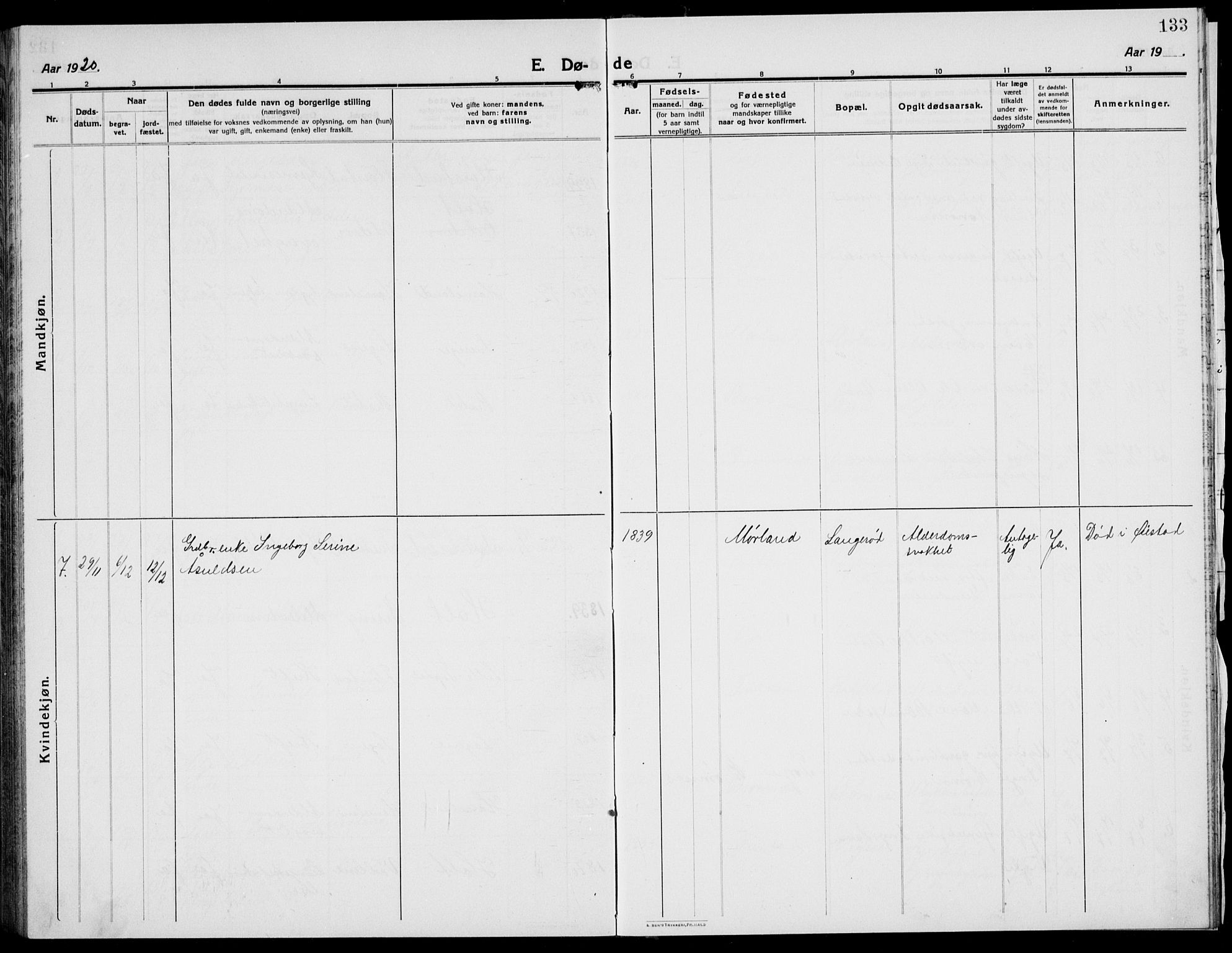 Austre Moland sokneprestkontor, SAK/1111-0001/F/Fb/Fba/L0005: Parish register (copy) no. B 4b, 1914-1935, p. 133
