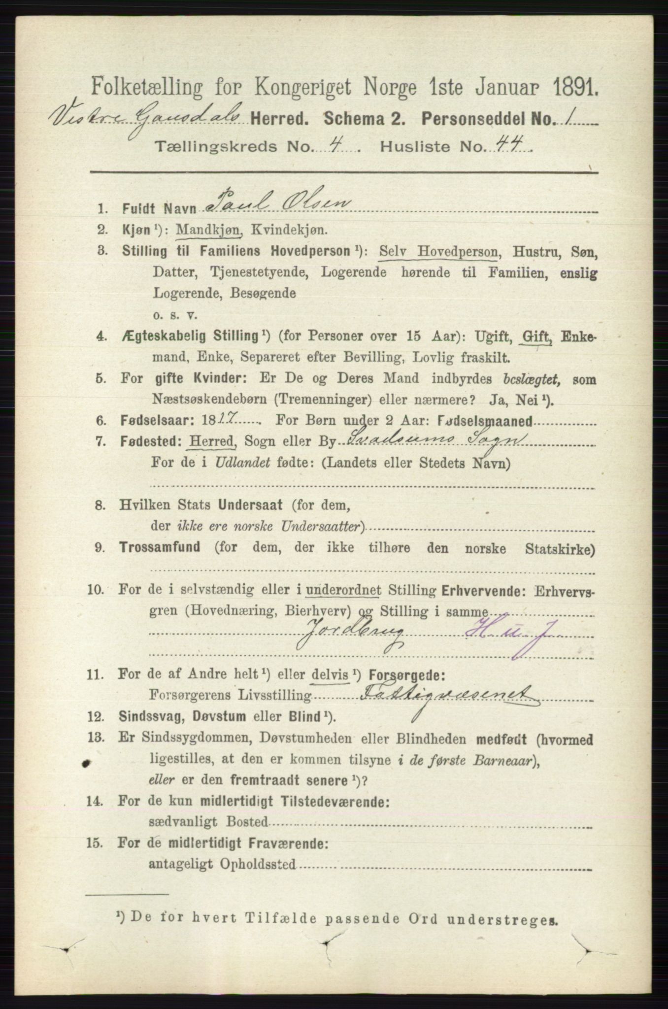RA, 1891 census for 0523 Vestre Gausdal, 1891, p. 1953