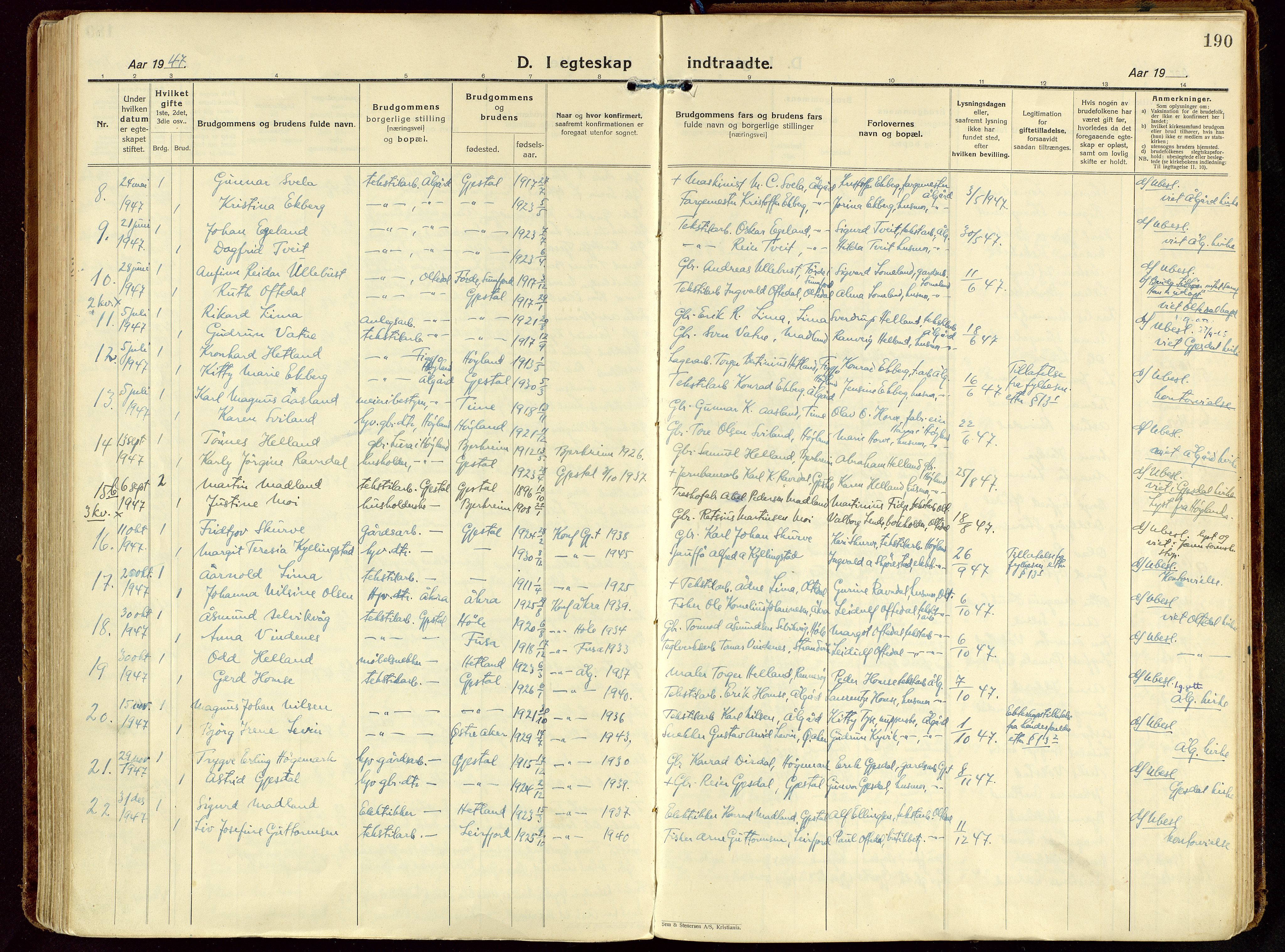 Gjesdal sokneprestkontor, AV/SAST-A-101796/003/O/L0001: Parish register (official) no. A 1, 1925-1949, p. 190