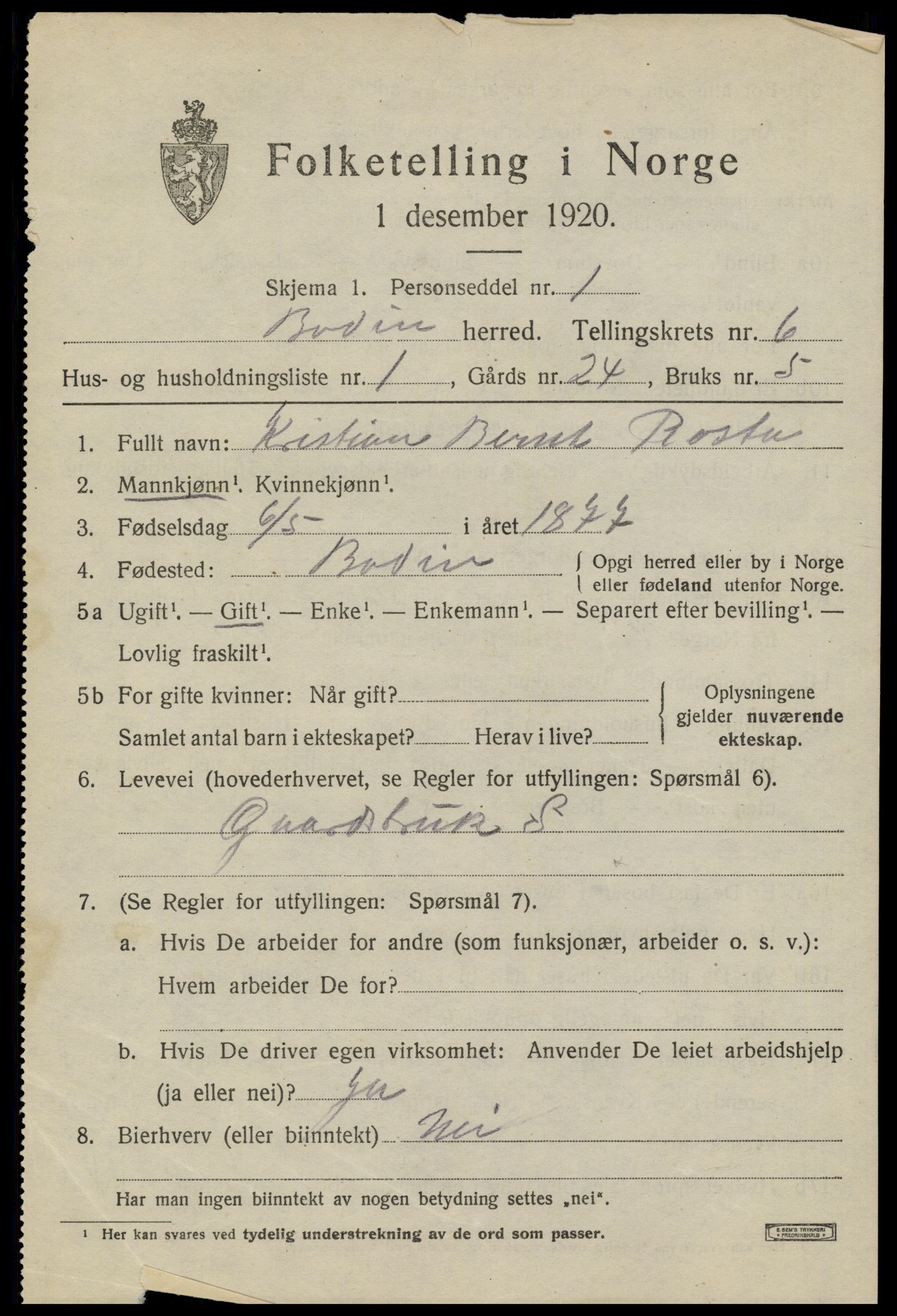 SAT, 1920 census for Bodin, 1920, p. 3490