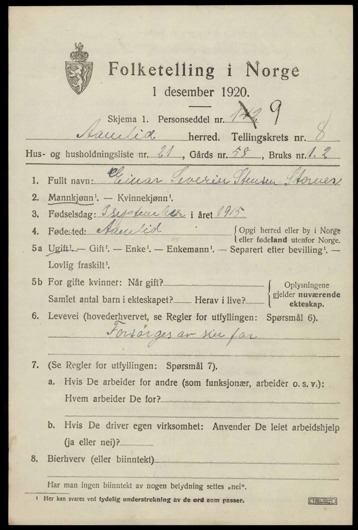 SAK, 1920 census for Åmli, 1920, p. 3465