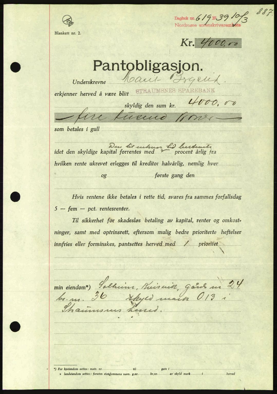 Nordmøre sorenskriveri, SAT/A-4132/1/2/2Ca: Mortgage book no. B84, 1938-1939, Diary no: : 619/1939