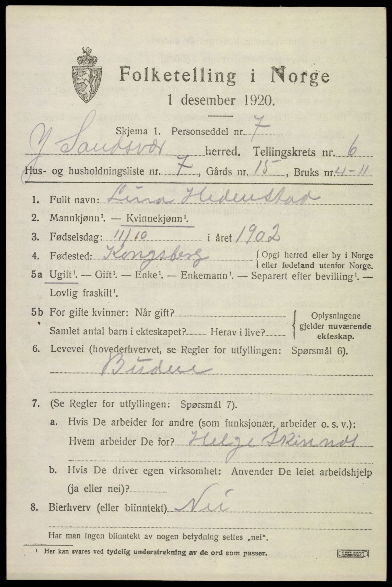 SAKO, 1920 census for Ytre Sandsvær, 1920, p. 4740