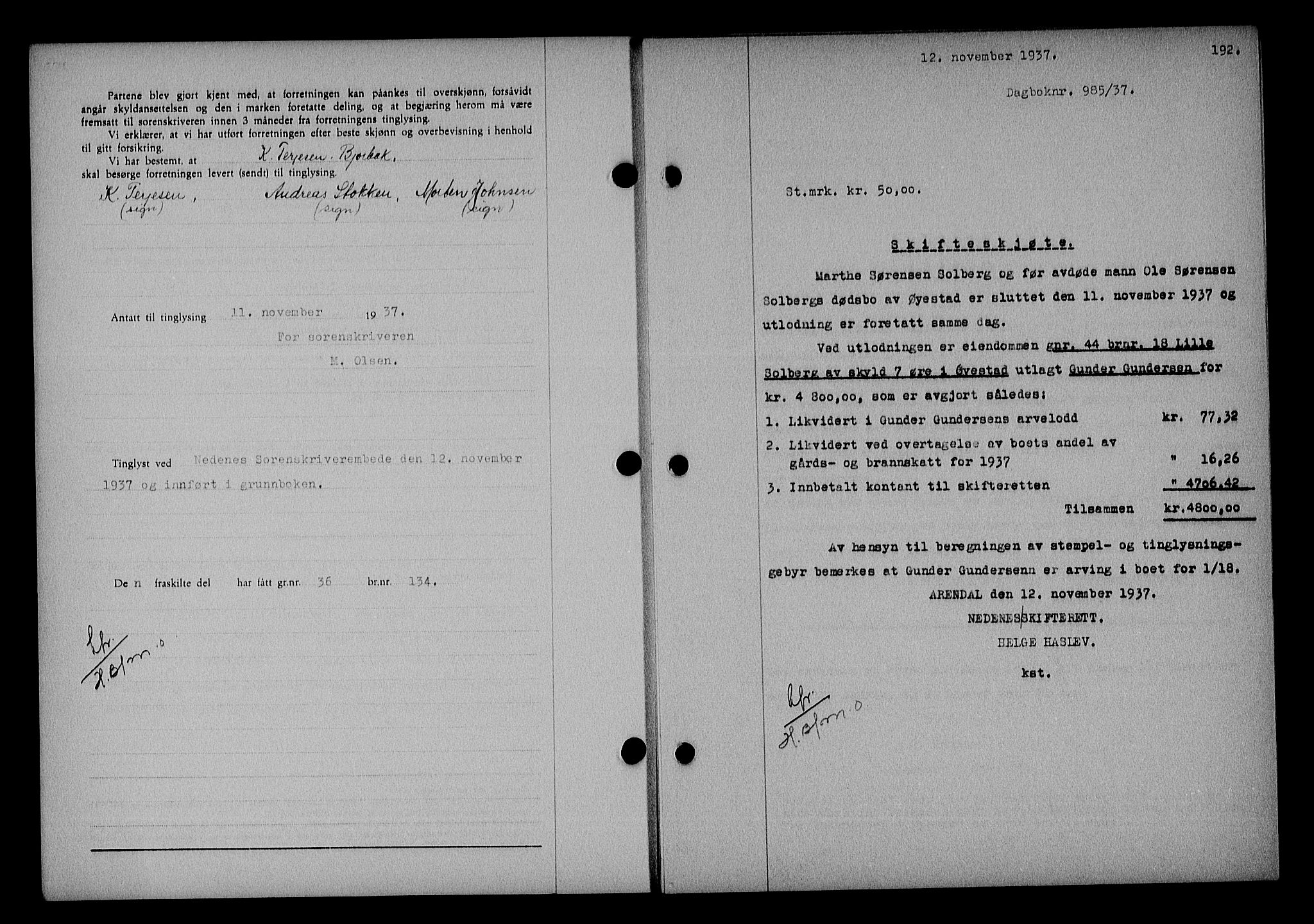 Nedenes sorenskriveri, AV/SAK-1221-0006/G/Gb/Gba/L0044: Mortgage book no. 40, 1937-1938, Diary no: : 985/1937