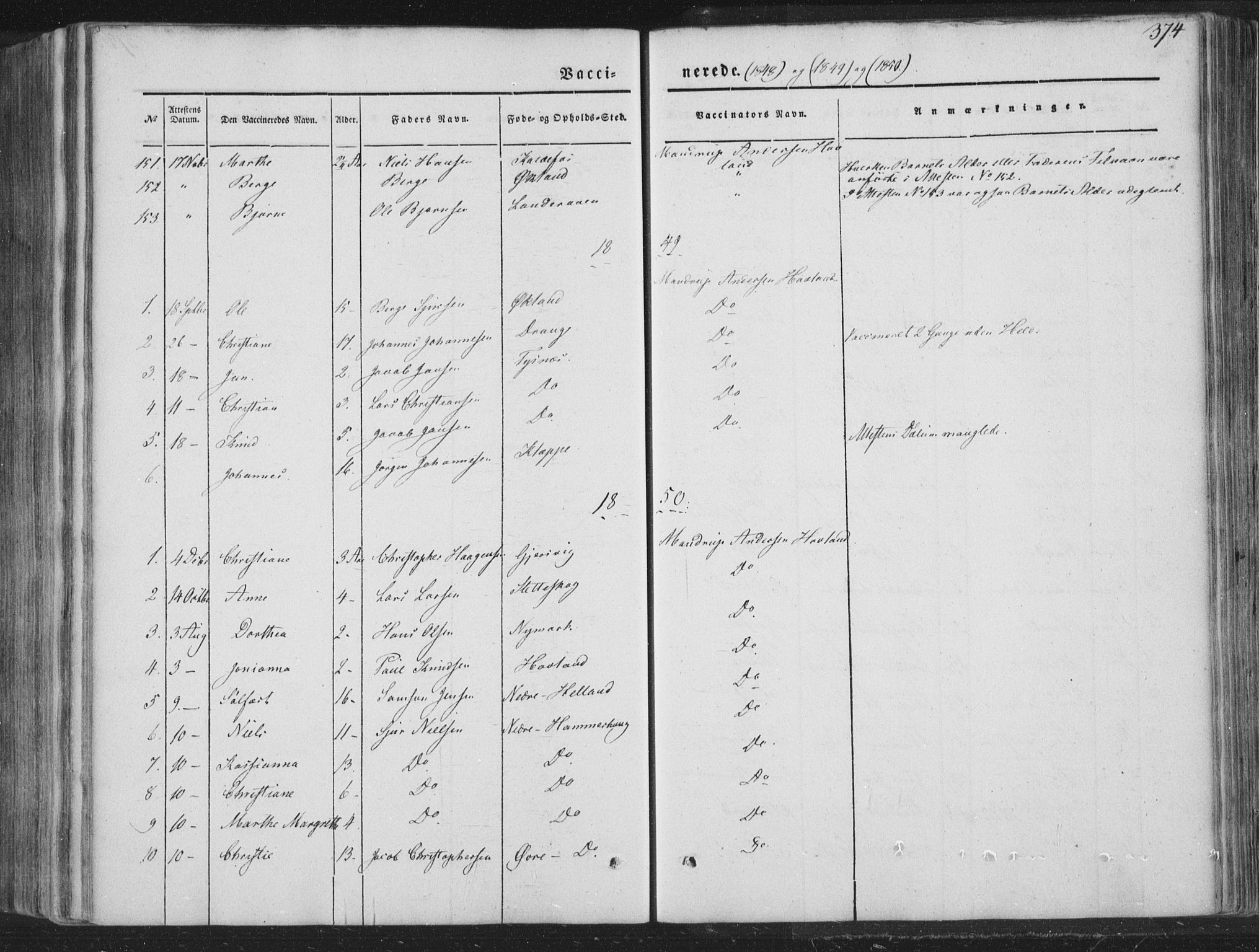 Tysnes sokneprestembete, AV/SAB-A-78601/H/Haa: Parish register (official) no. A 10, 1848-1859, p. 374