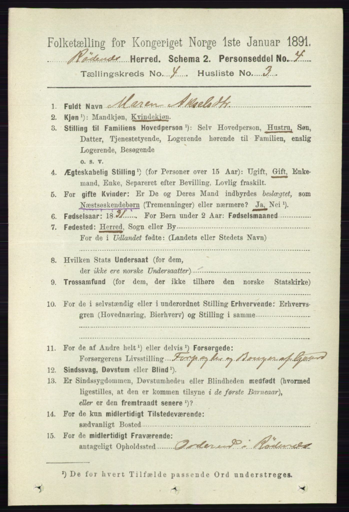 RA, 1891 census for 0120 Rødenes, 1891, p. 1640