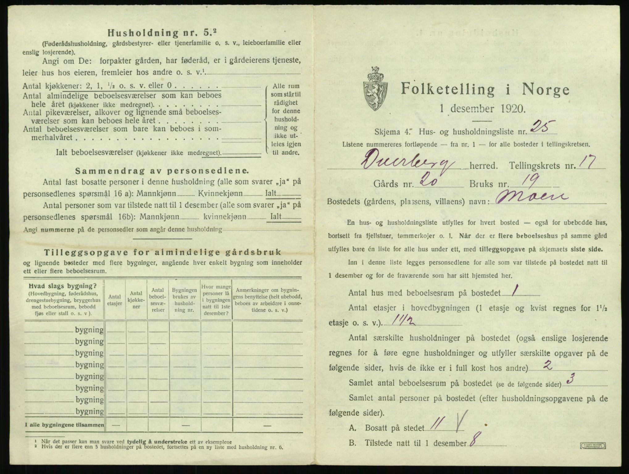 SAT, 1920 census for Dverberg, 1920, p. 1854