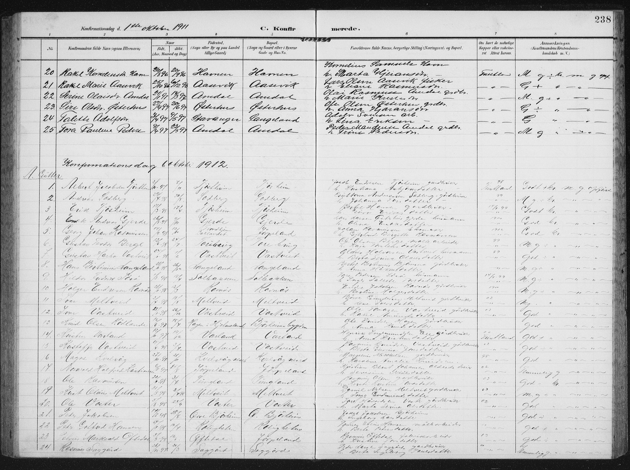 Strand sokneprestkontor, AV/SAST-A-101828/H/Ha/Hab/L0005: Parish register (copy) no. B 5, 1904-1934, p. 238