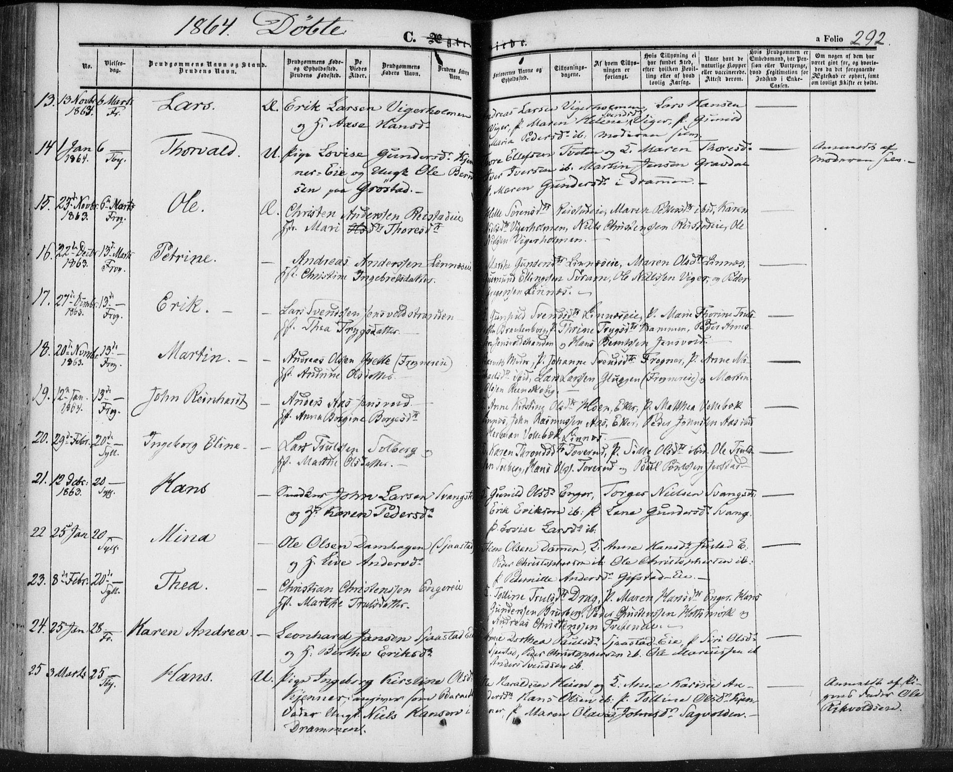 Lier kirkebøker, SAKO/A-230/F/Fa/L0012: Parish register (official) no. I 12, 1854-1864, p. 292