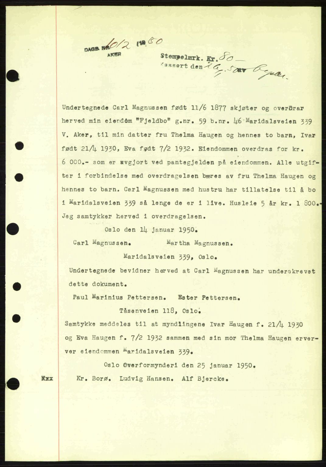 Oslo byskriverembete, AV/SAO-A-10227/G/Gb/Gbd/Gbda/L0017: Mortgage book no. A215, 1949-1950, Diary no: : 1012/1950