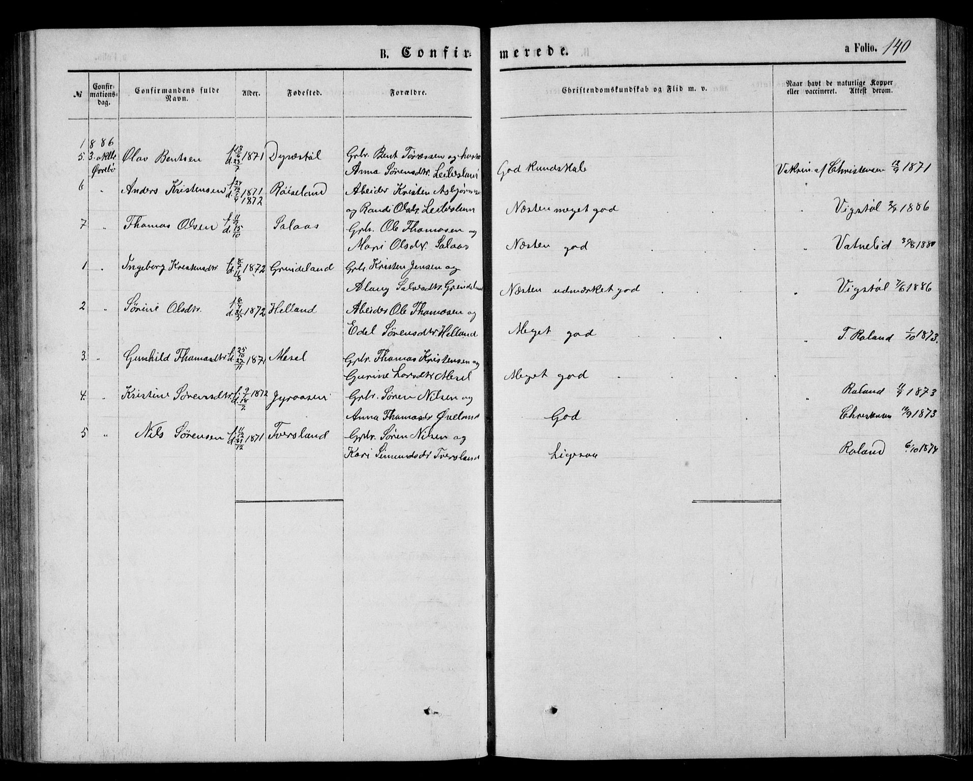 Bjelland sokneprestkontor, AV/SAK-1111-0005/F/Fb/Fbb/L0004: Parish register (copy) no. B 4, 1867-1887, p. 140