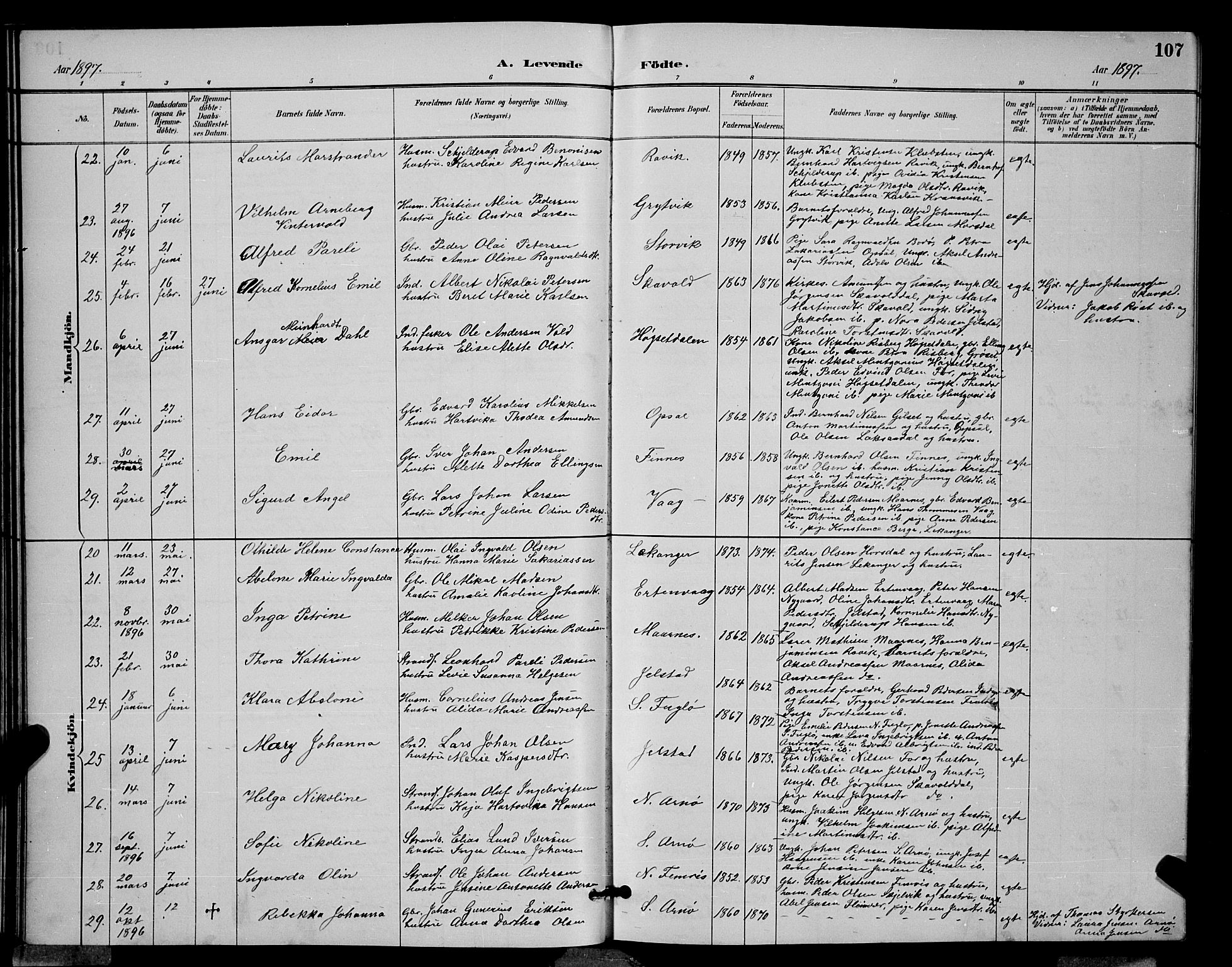 Ministerialprotokoller, klokkerbøker og fødselsregistre - Nordland, AV/SAT-A-1459/805/L0108: Parish register (copy) no. 805C04, 1885-1899, p. 107