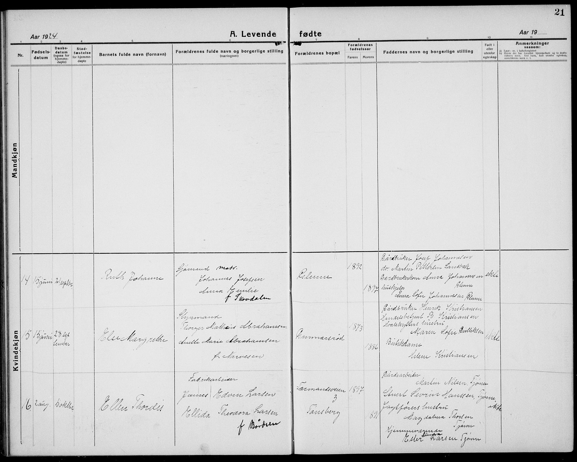 Tjøme kirkebøker, SAKO/A-328/G/Ga/L0003: Parish register (copy) no. 3, 1921-1935, p. 21