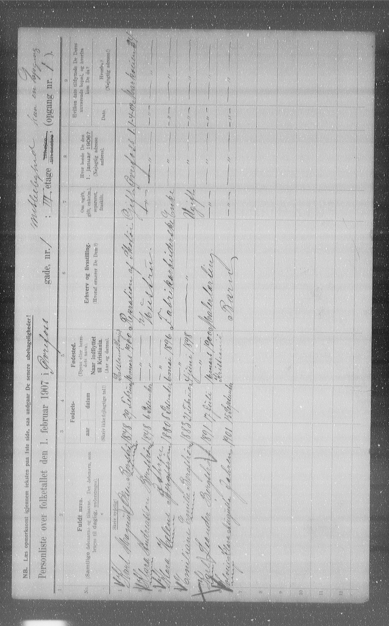 OBA, Municipal Census 1907 for Kristiania, 1907, p. 66112