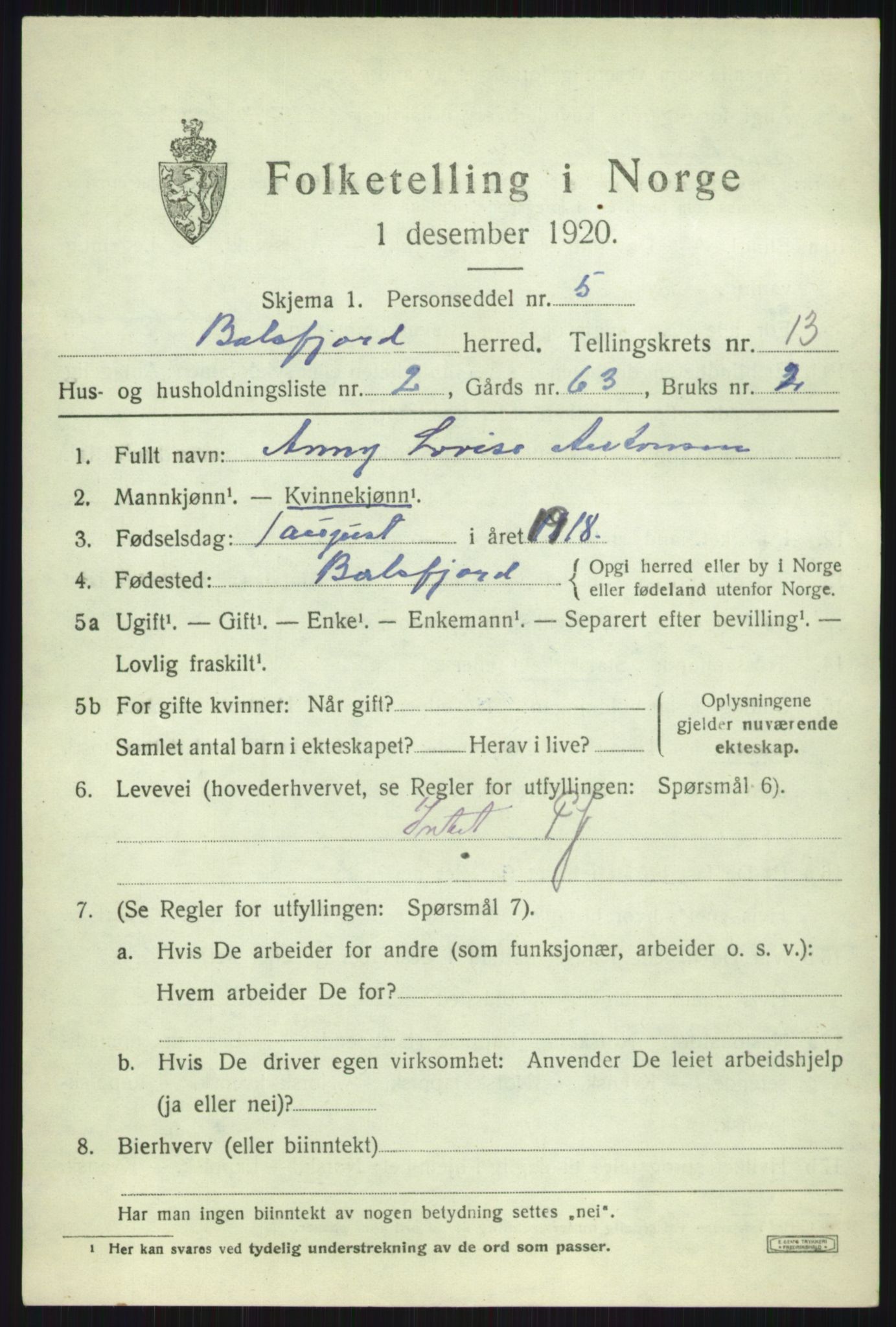 SATØ, 1920 census for Balsfjord, 1920, p. 7614