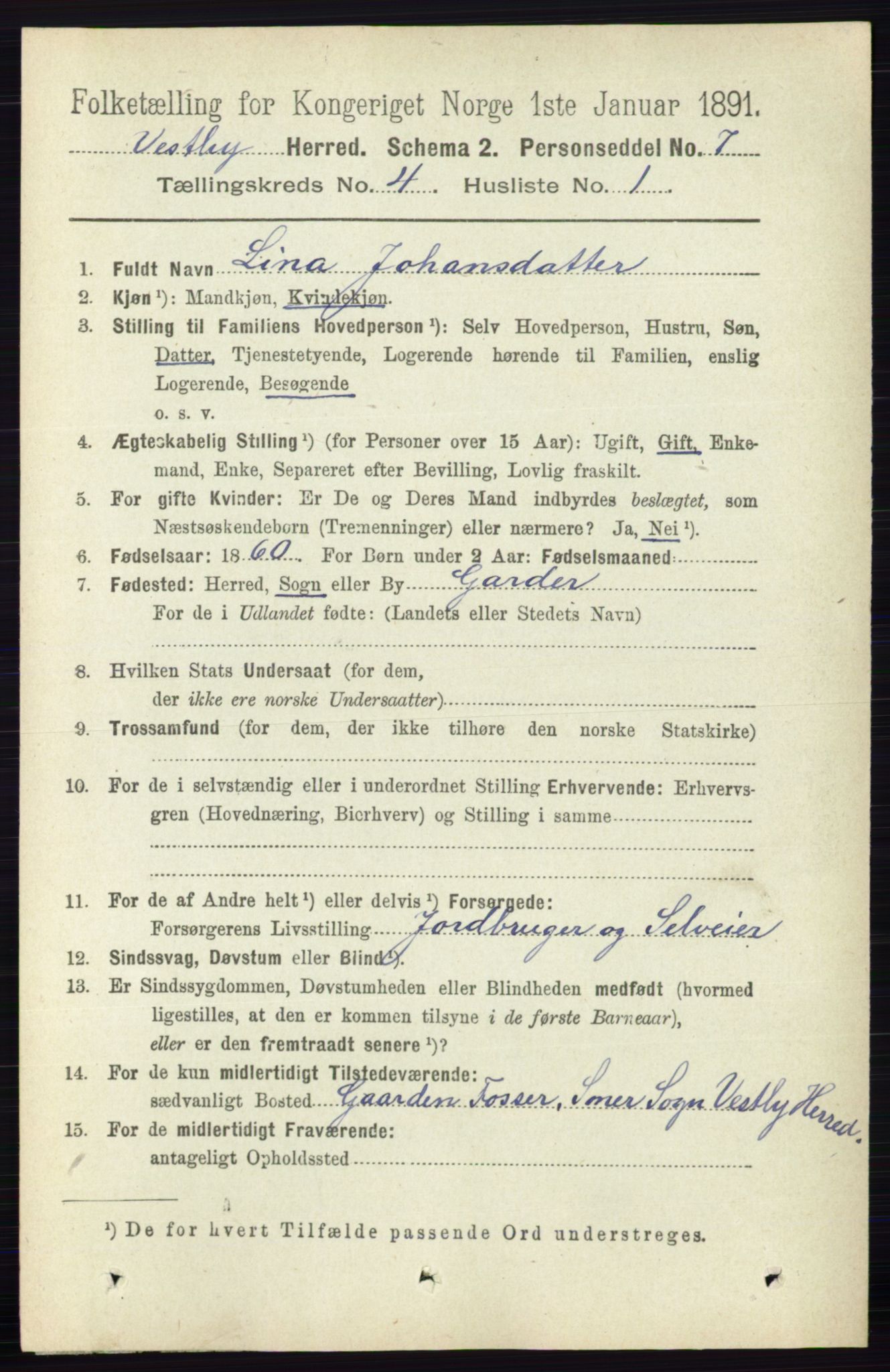 RA, 1891 census for 0211 Vestby, 1891, p. 1583