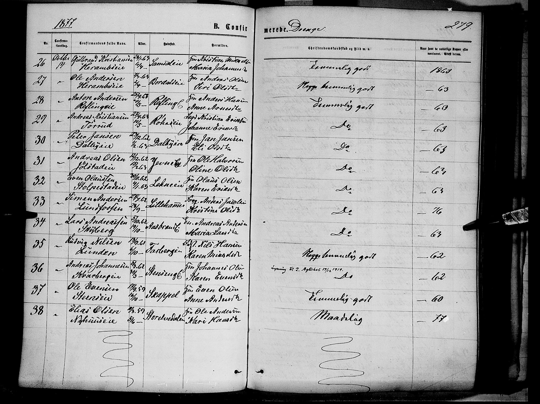 Ringsaker prestekontor, AV/SAH-PREST-014/K/Ka/L0011: Parish register (official) no. 11, 1870-1878, p. 279